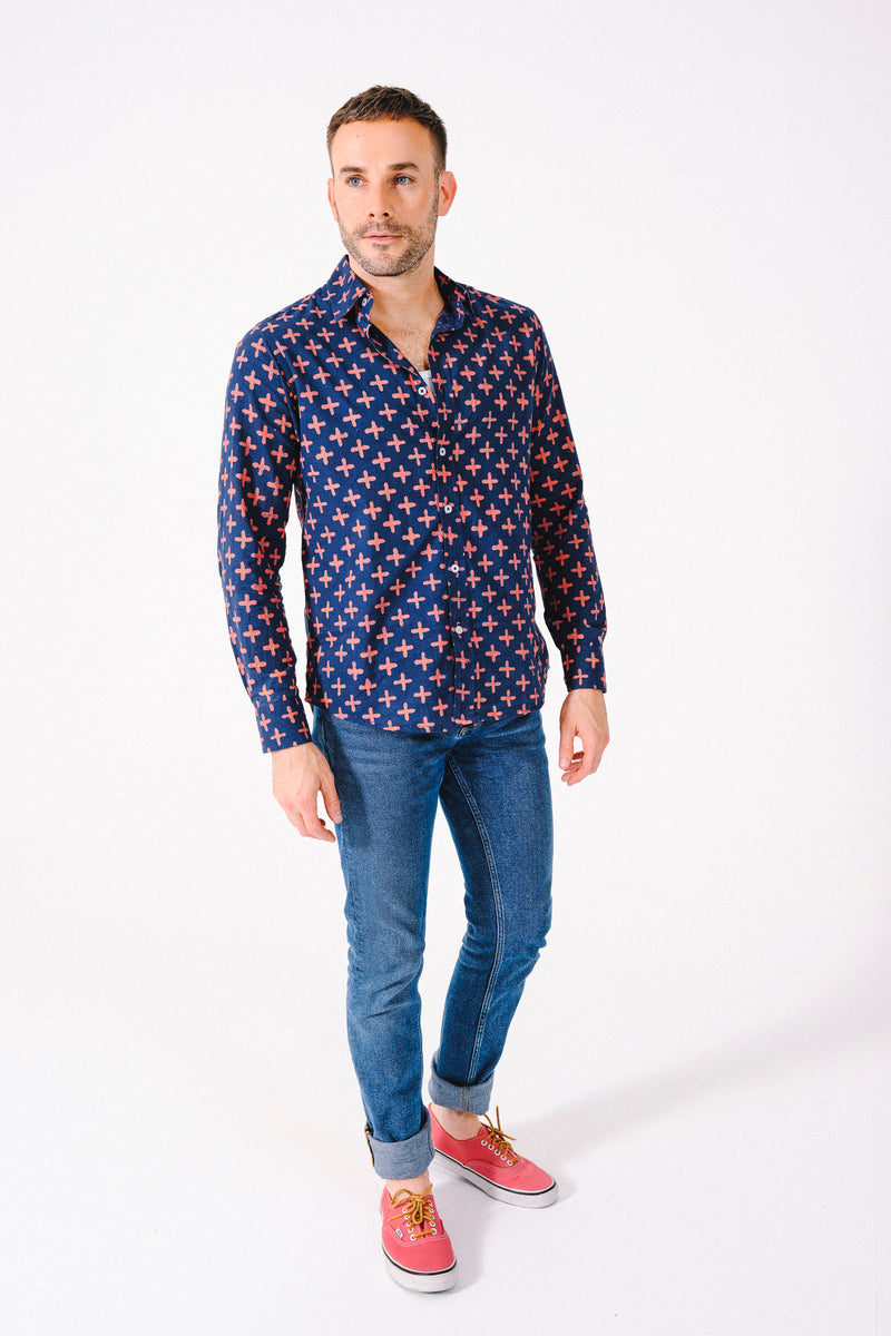 Hand Block Printed 'The Amir' Long Sleeve Shirt in Navy Plus Sign Print