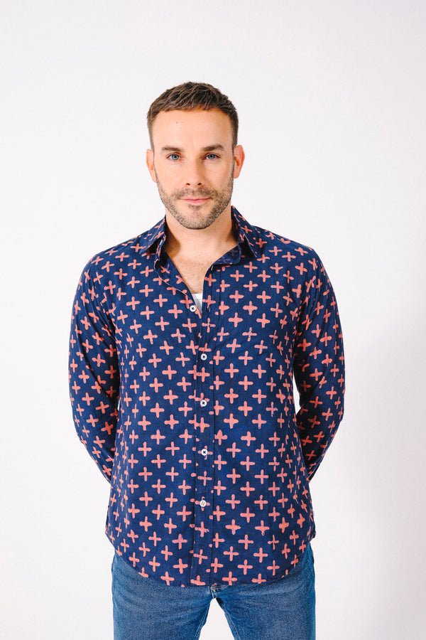 Hand Block Printed 'The Amir' Long Sleeve Shirt in Navy Plus Sign Print