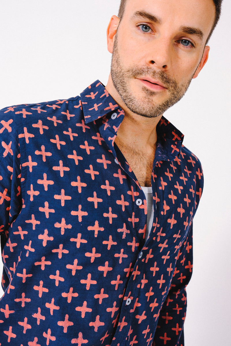 Hand Block Printed 'The Amir' Long Sleeve Shirt in Navy Plus Sign Print