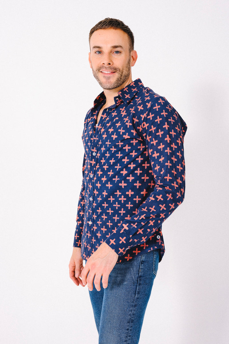 Hand Block Printed 'The Amir' Long Sleeve Shirt in Navy Plus Sign Print