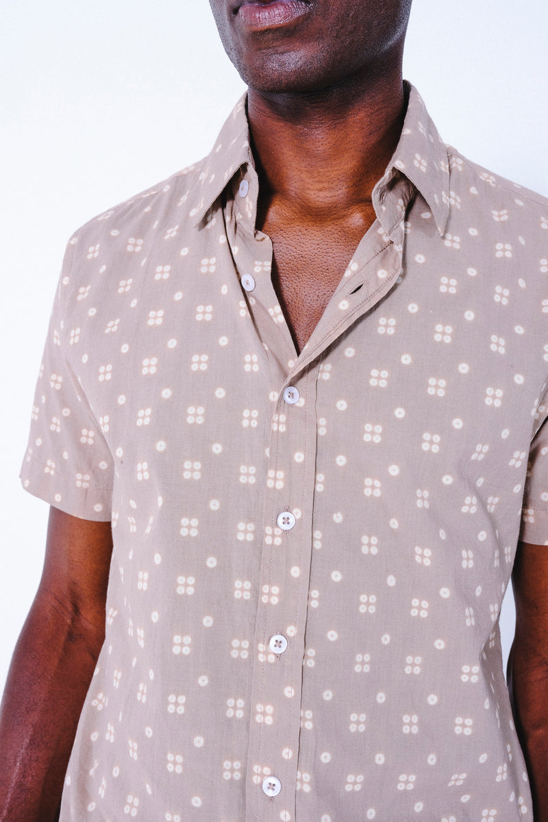 Hand Block Printed 'The Sheril' Short Sleeve Shirt in Khaki Dots Print