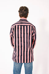 Hand Block Printed Derek Overshirt in Pink and Black Stripes Twill