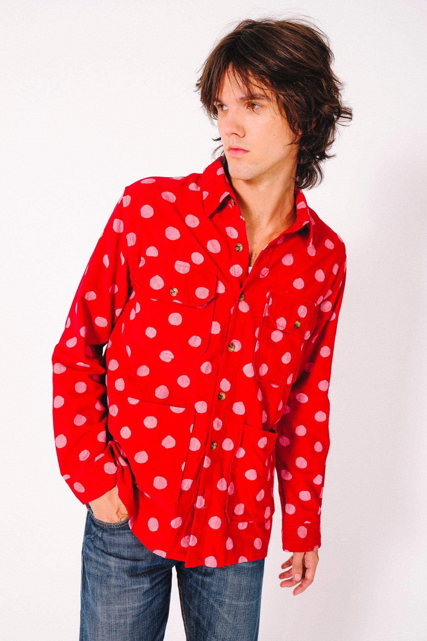 Derek Overshirt in Pink and Red Dots Corduroy