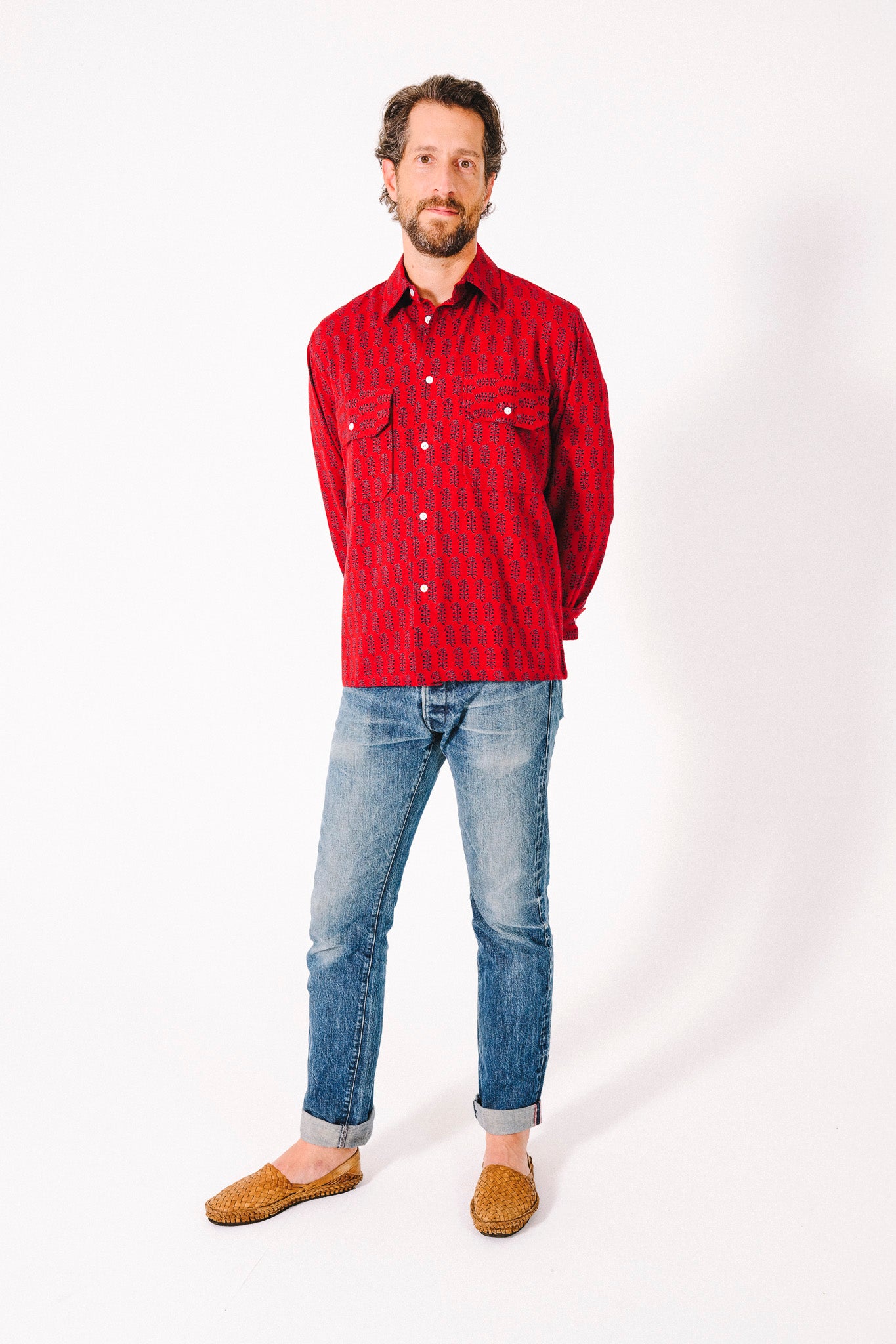 Hand Printed 'Jesse Workshirt' in Red Poppy Print