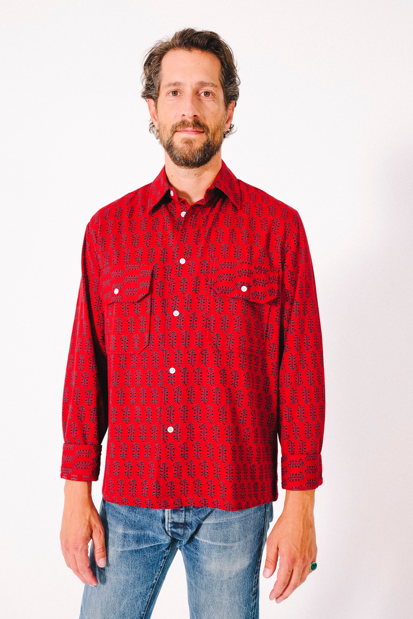 Hand Printed 'Jesse Workshirt' in Red Poppy Print