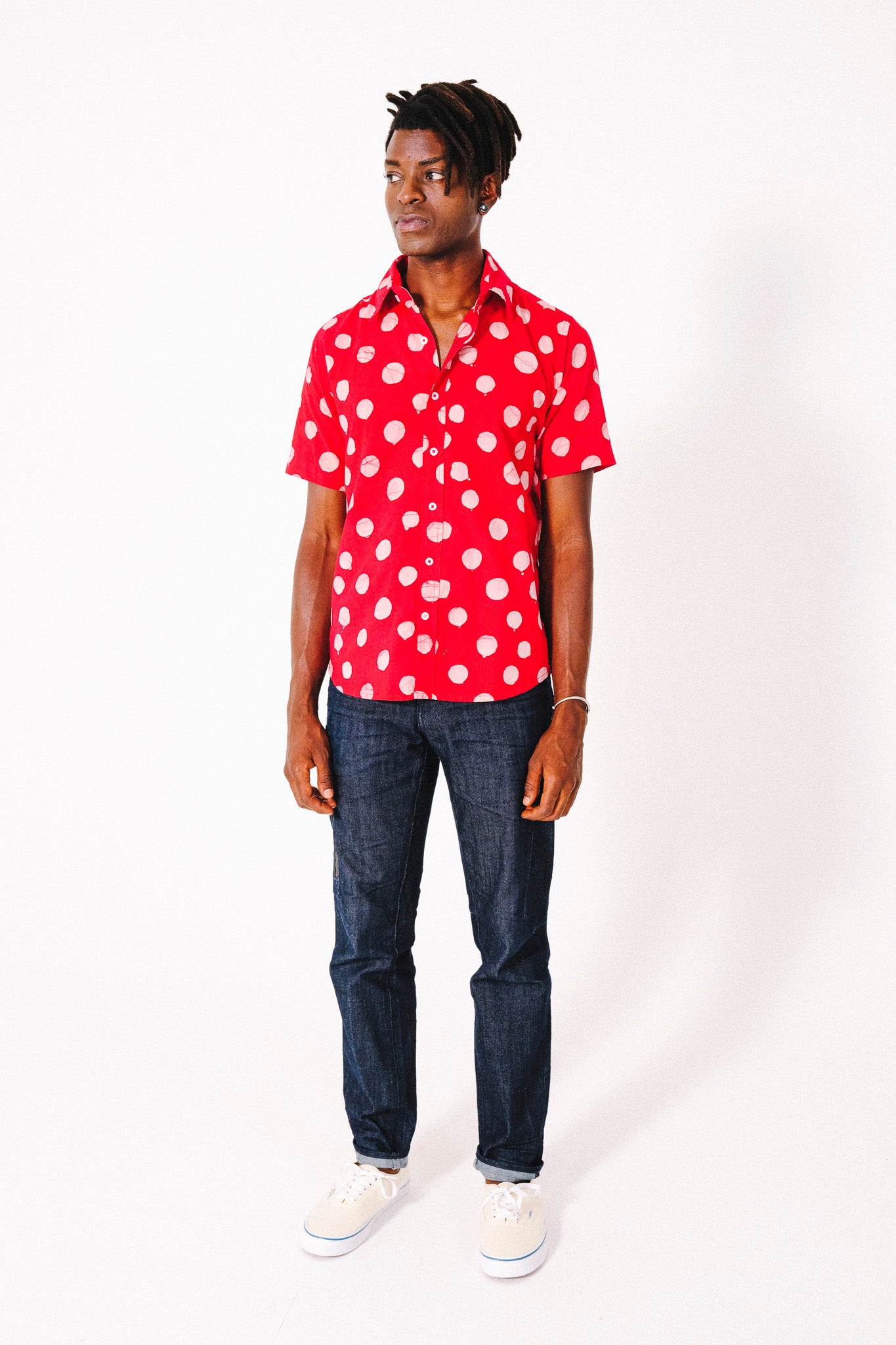 Hand Block Printed 'The Aby' Short Sleeve Shirt in Red and White Batik Dots Print