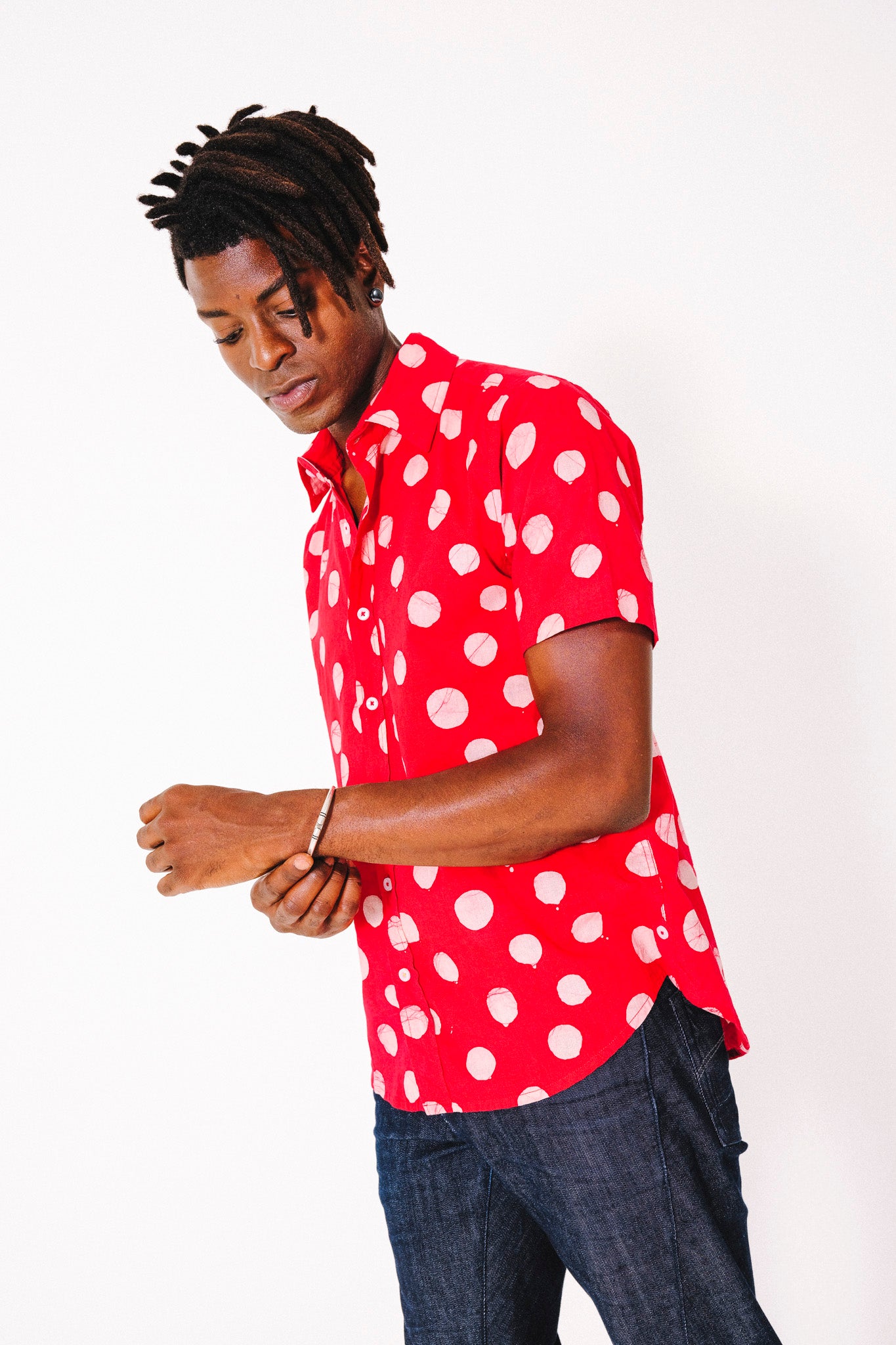 Hand Block Printed 'The Aby' Short Sleeve Shirt in Red and White Batik Dots Print