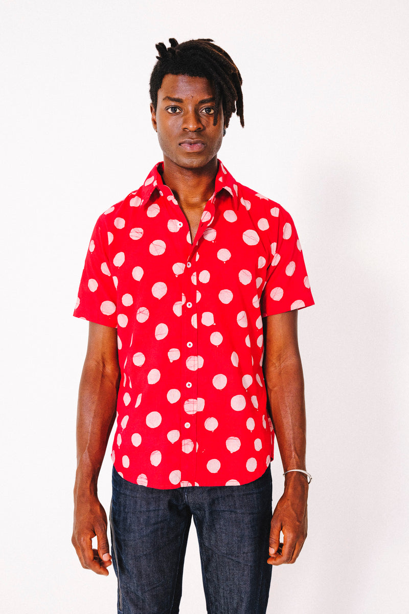 Hand Block Printed 'The Aby' Short Sleeve Shirt in Red and White Batik Dots Print