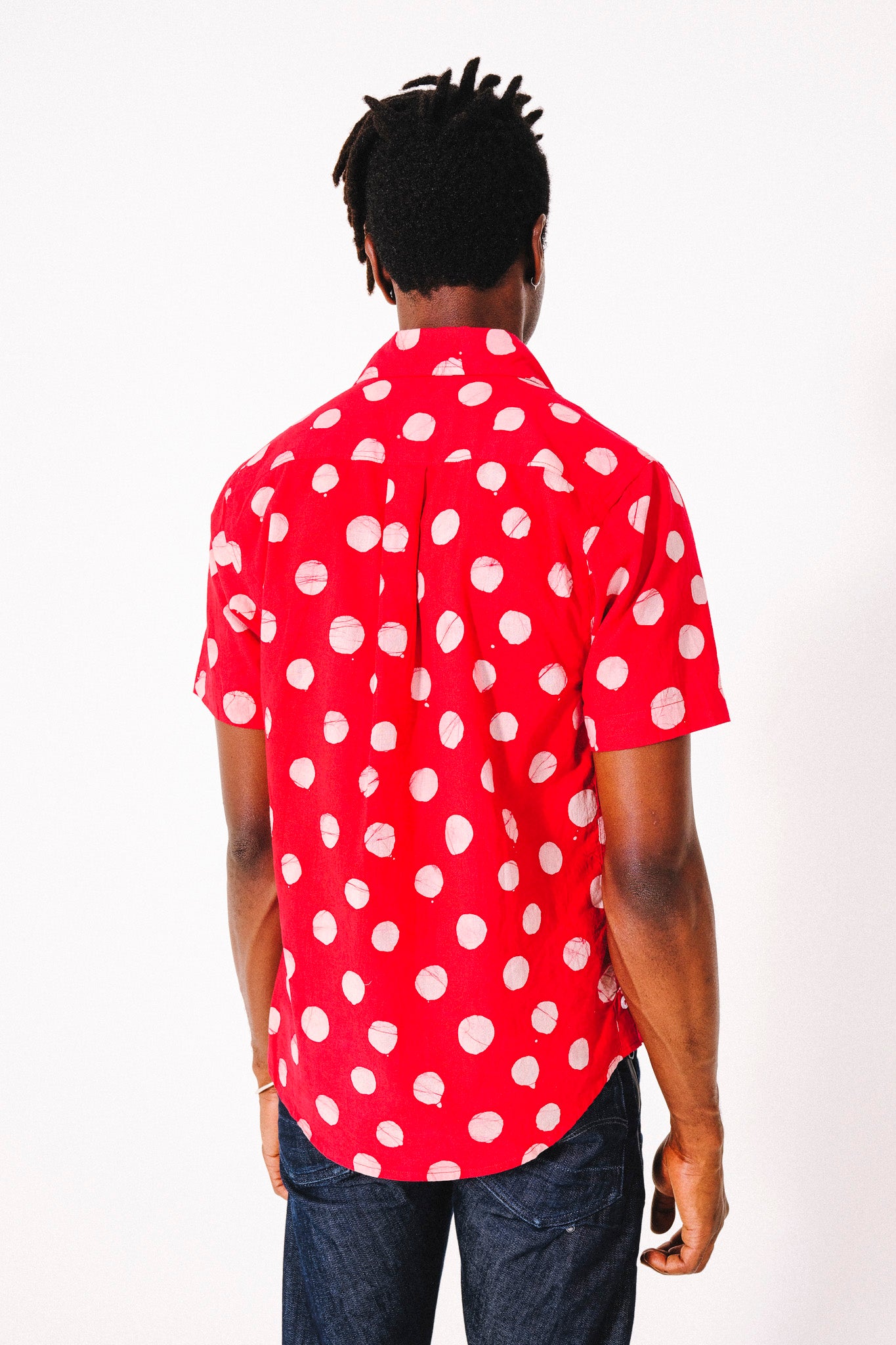 Hand Block Printed 'The Aby' Short Sleeve Shirt in Red and White Batik Dots Print