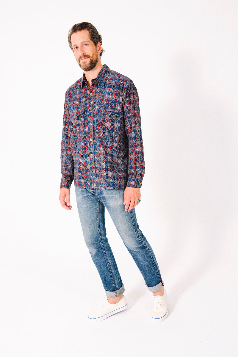 Hand Block Printed 'Jesse Workshirt' in Abstract Geometric Print