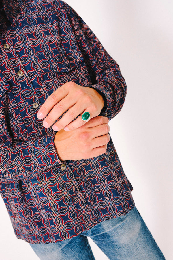 Hand Block Printed 'Jesse Workshirt' in Abstract Geometric Print
