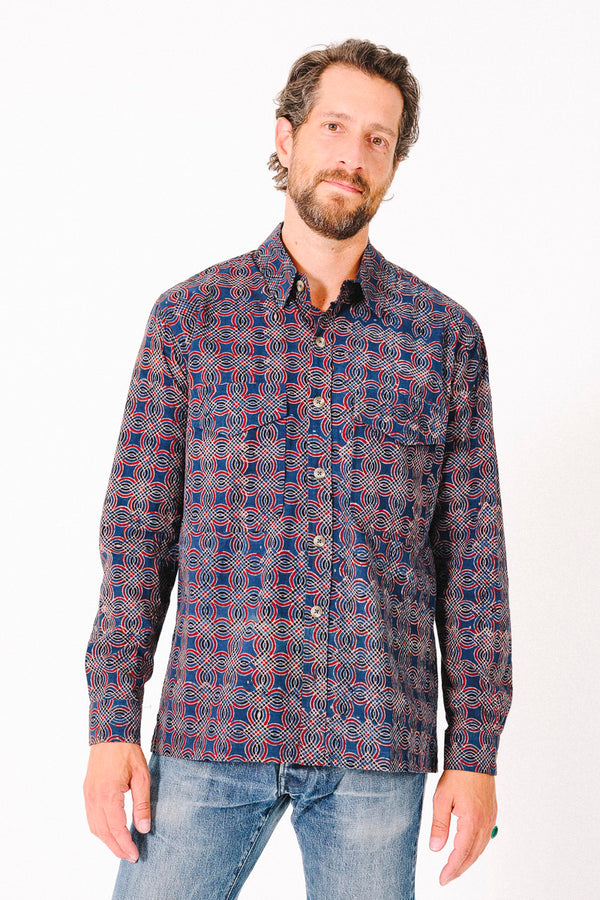 Hand Block Printed 'Jesse Workshirt' in Abstract Geometric Print
