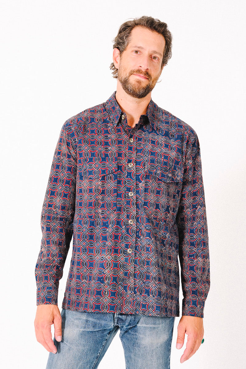 Hand Block Printed 'Jesse Workshirt' in Abstract Geometric Print