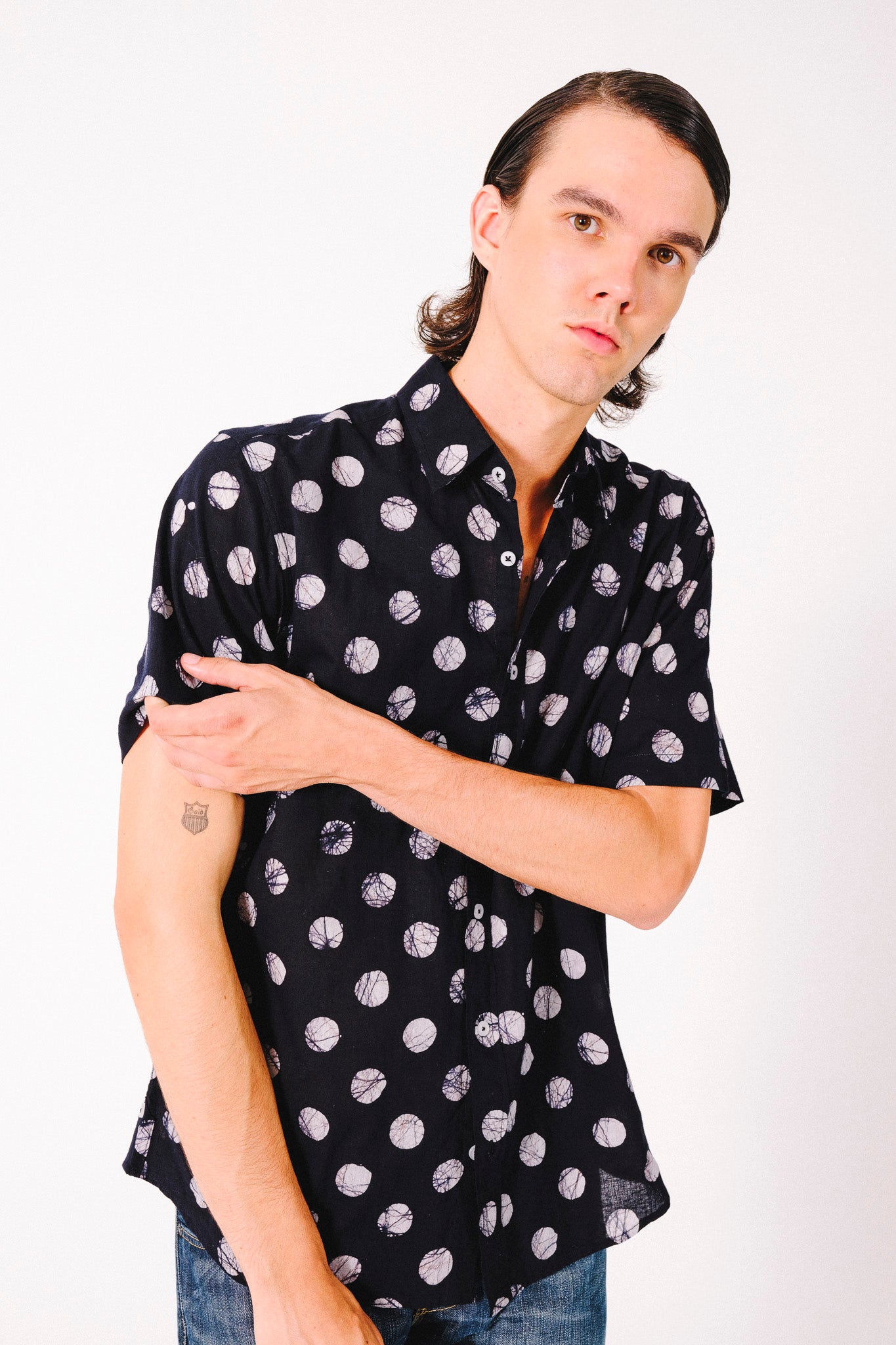 Hand Block Printed 'The Aby' Short Sleeve Shirt in Black and White Batik Dots Print