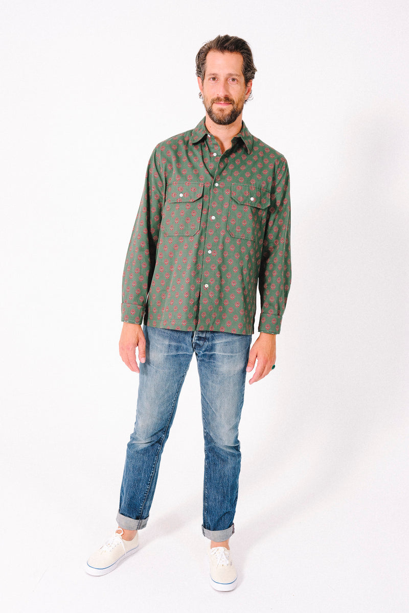 Hand Printed 'Jesse Workshirt' in Teal Motif Print