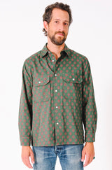Hand Printed 'Jesse Workshirt' in Teal Motif Print
