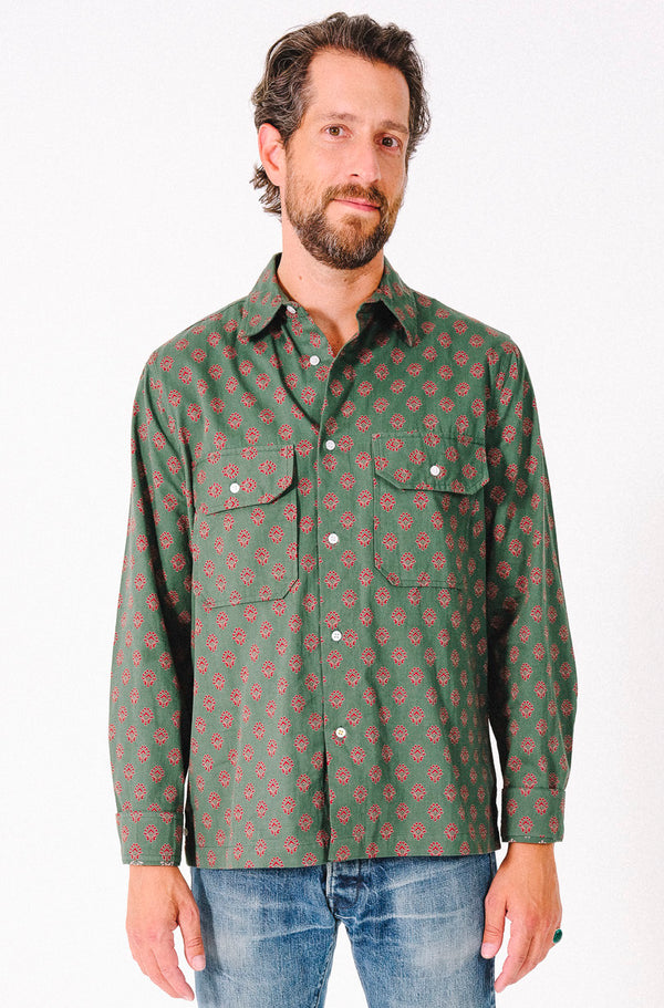 Hand Printed 'Jesse Workshirt' in Teal Motif Print