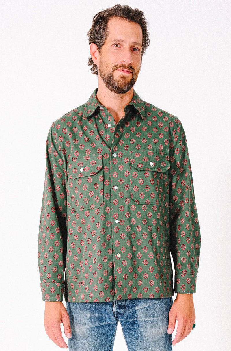 Hand Printed 'Jesse Workshirt' in Teal Motif Print