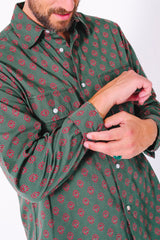 Hand Printed 'Jesse Workshirt' in Teal Motif Print