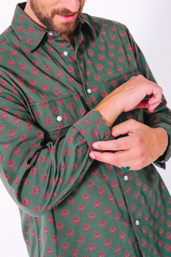 Hand Printed 'Jesse Workshirt' in Teal Motif Print