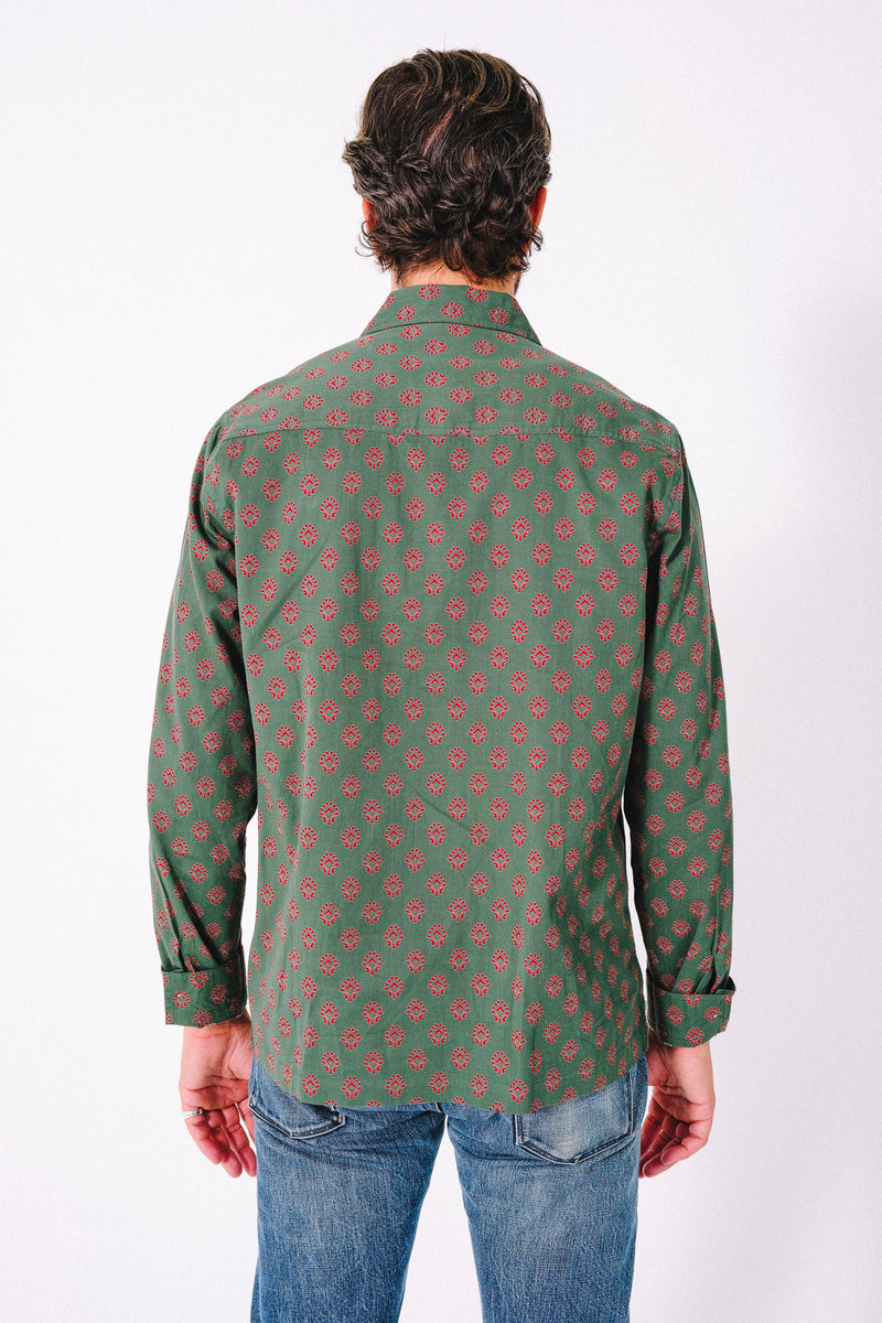 Hand Printed 'Jesse Workshirt' in Teal Motif Print