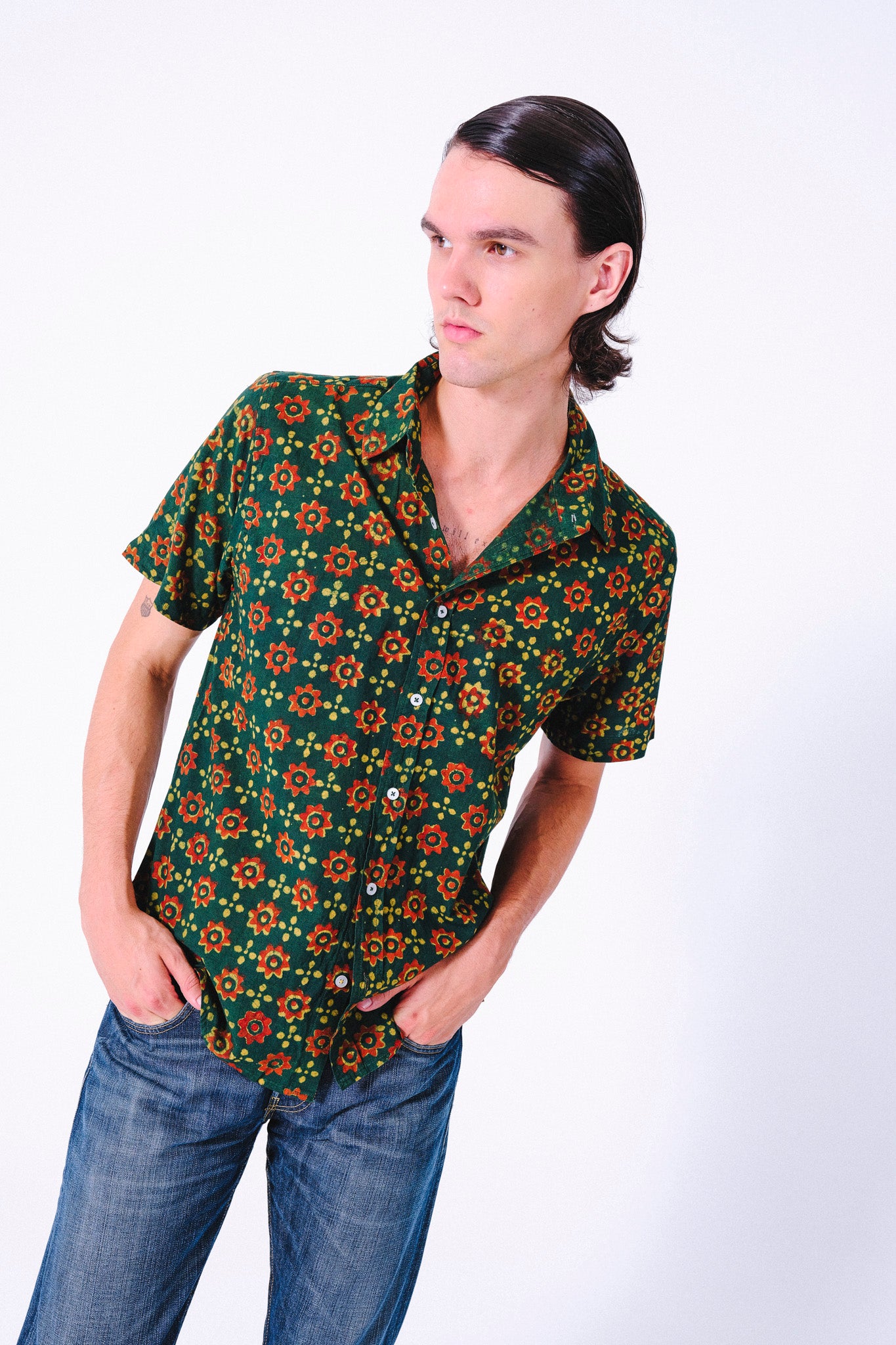 Hand Block Printed 'The Sufi' Short Sleeve Shirt in Green and Red print