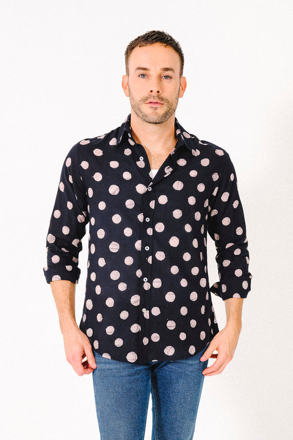 Hand Block Printed 'The Amir' Long Sleeve Shirt in Black and White Dots Print
