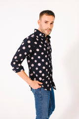 Hand Block Printed 'The Amir' Long Sleeve Shirt in Black and White Dots Print