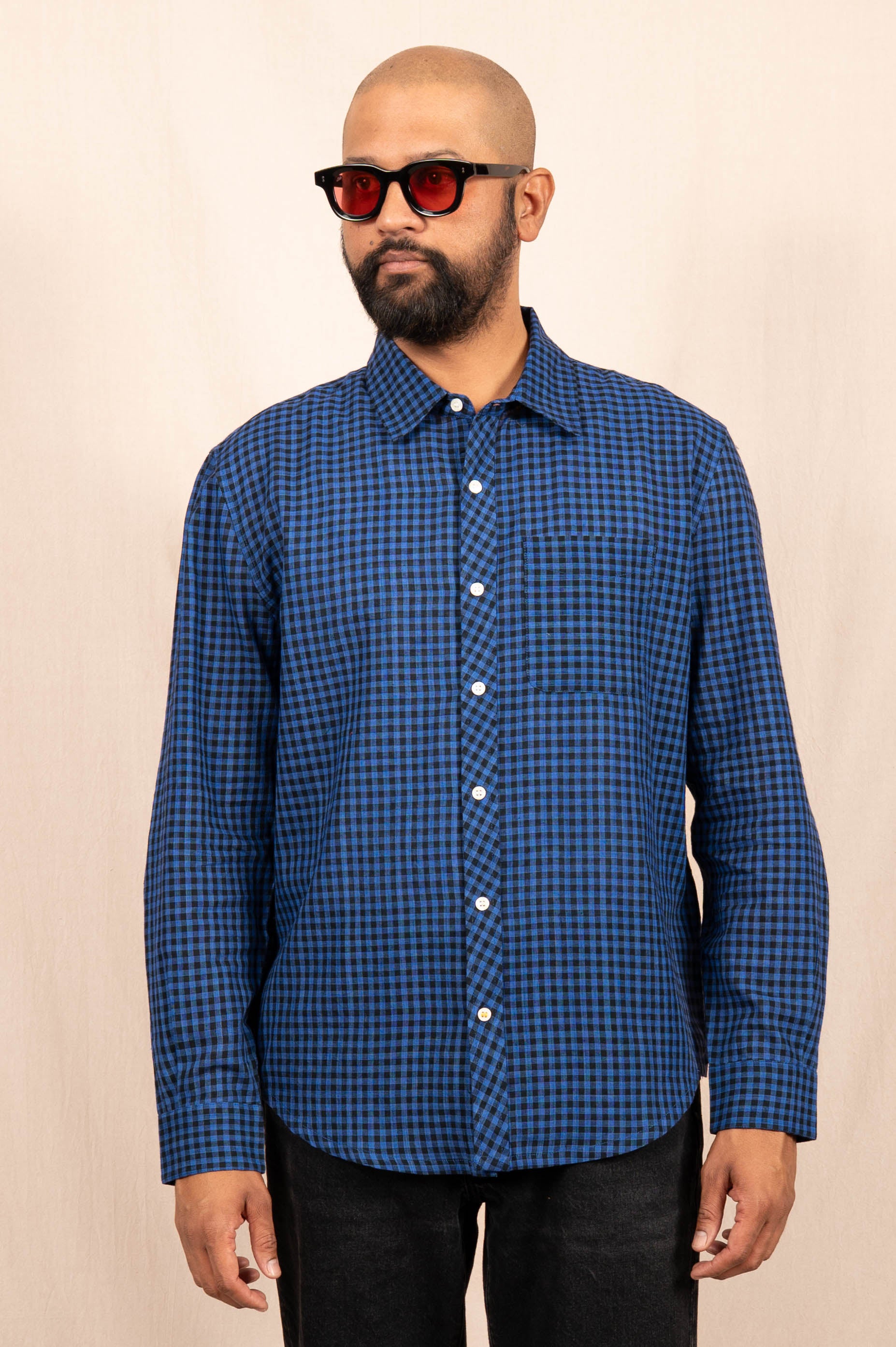 'The Brady' Long Sleeve Shirt in Blue and Black Gingham