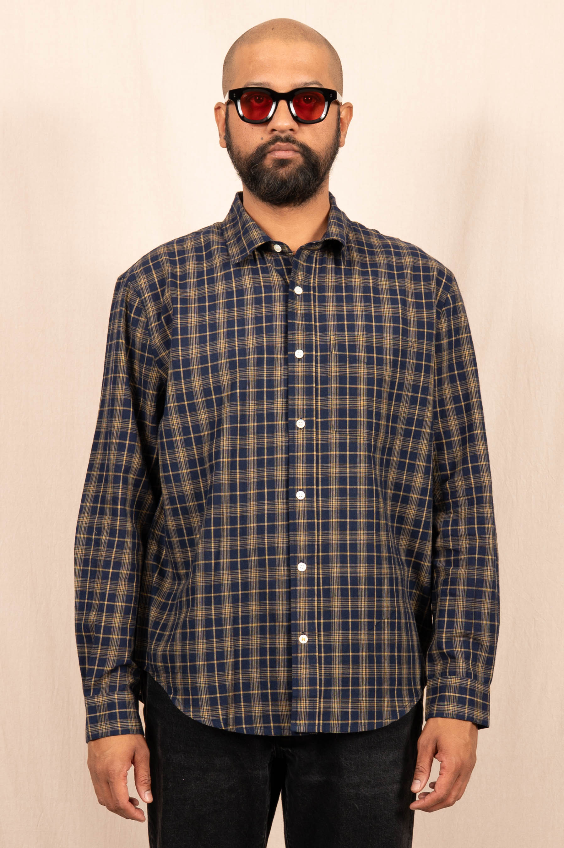 'The Brady' Long Sleeve Shirt in Navy and Beige Checks