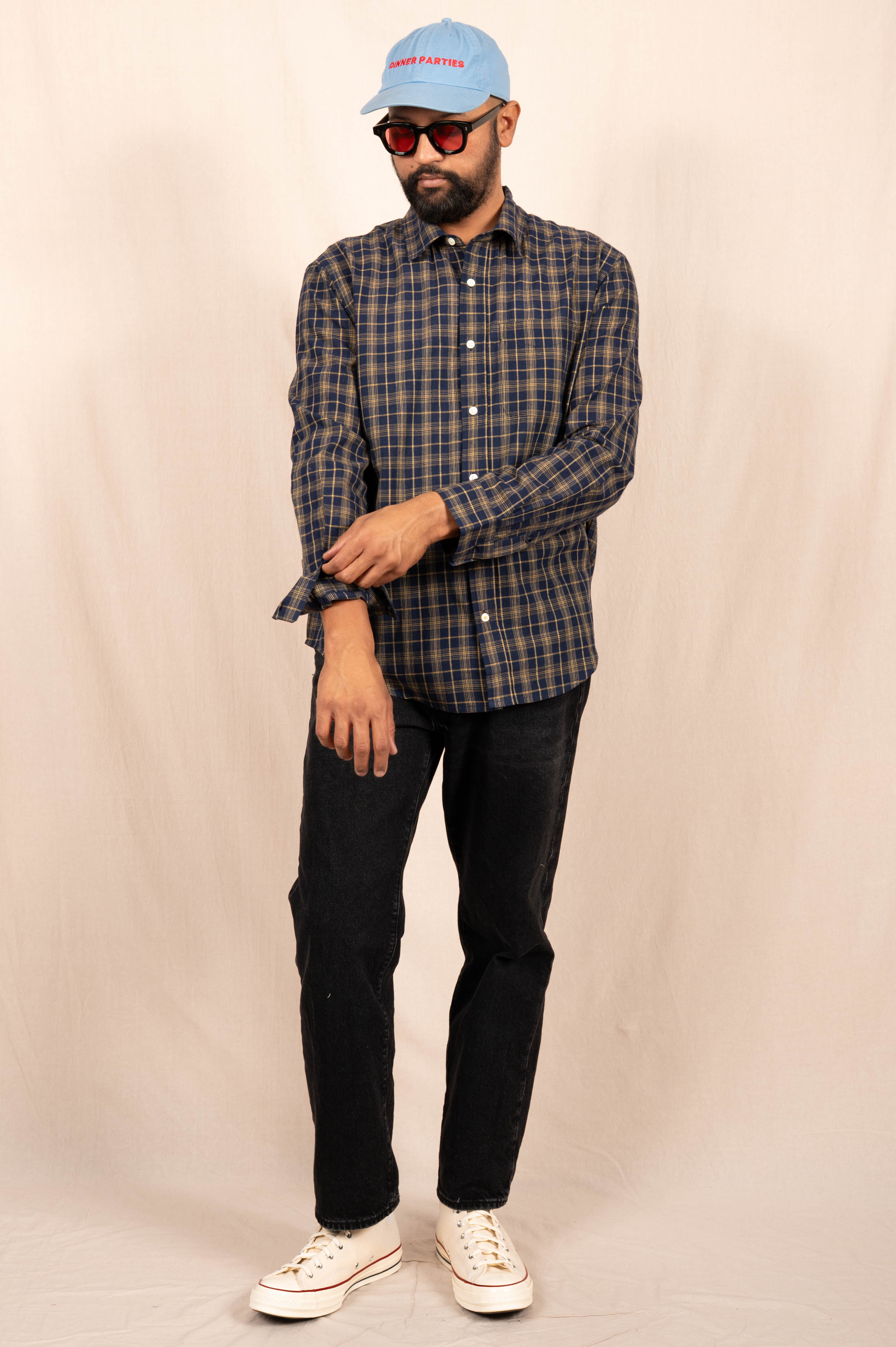 'The Brady' Long Sleeve Shirt in Navy and Beige Checks