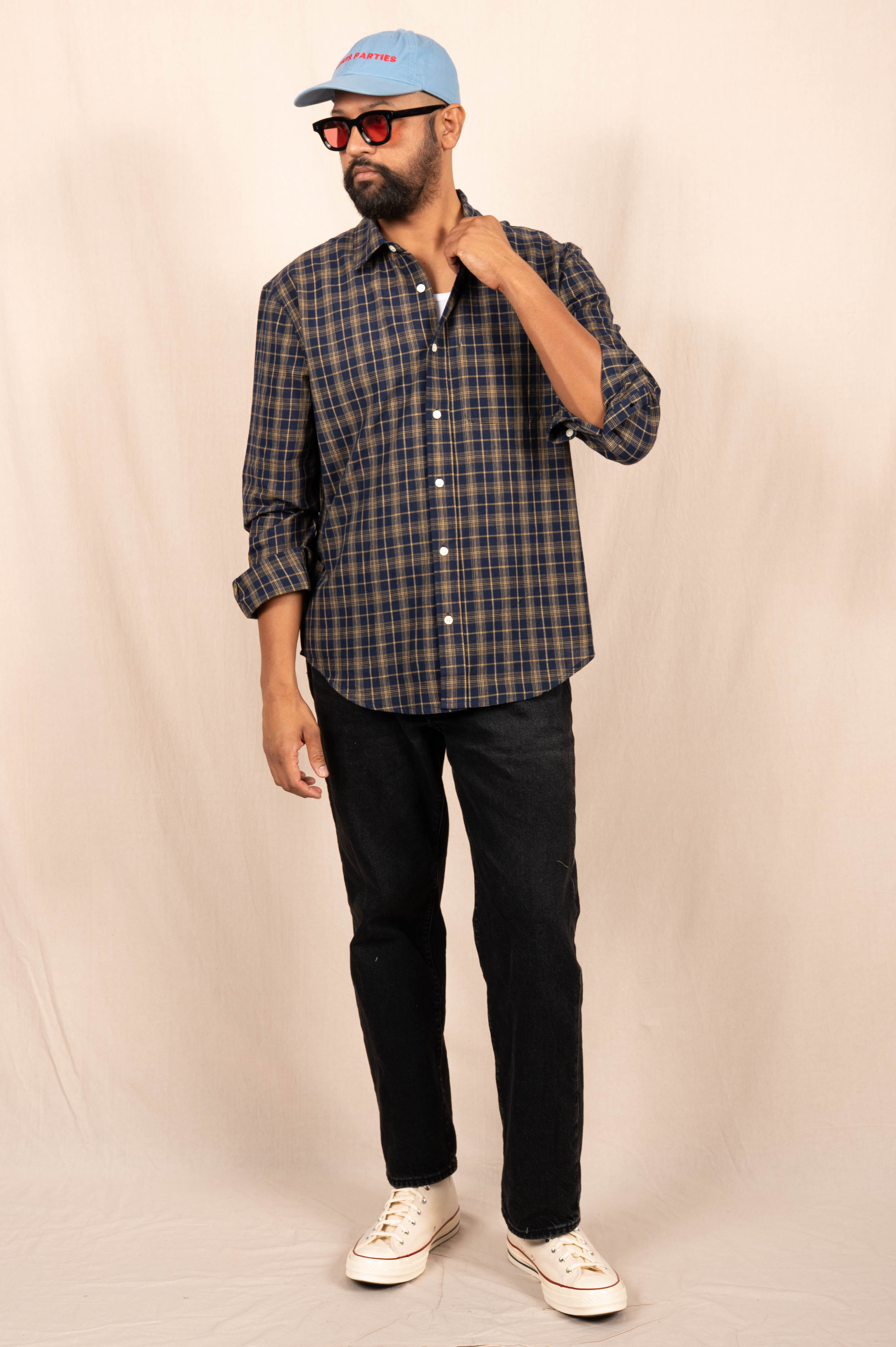 'The Brady' Long Sleeve Shirt in Navy and Beige Checks