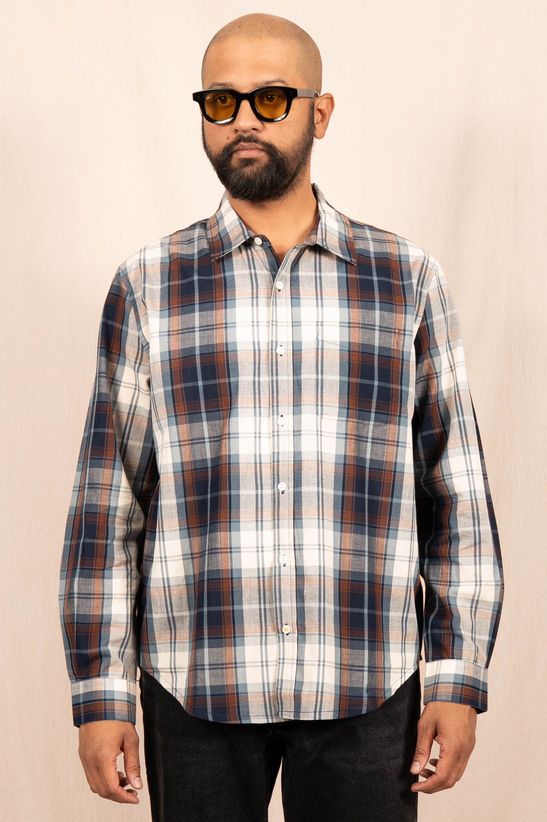 'The Brady' Long Sleeve Shirt in Brown and White Madras Checks