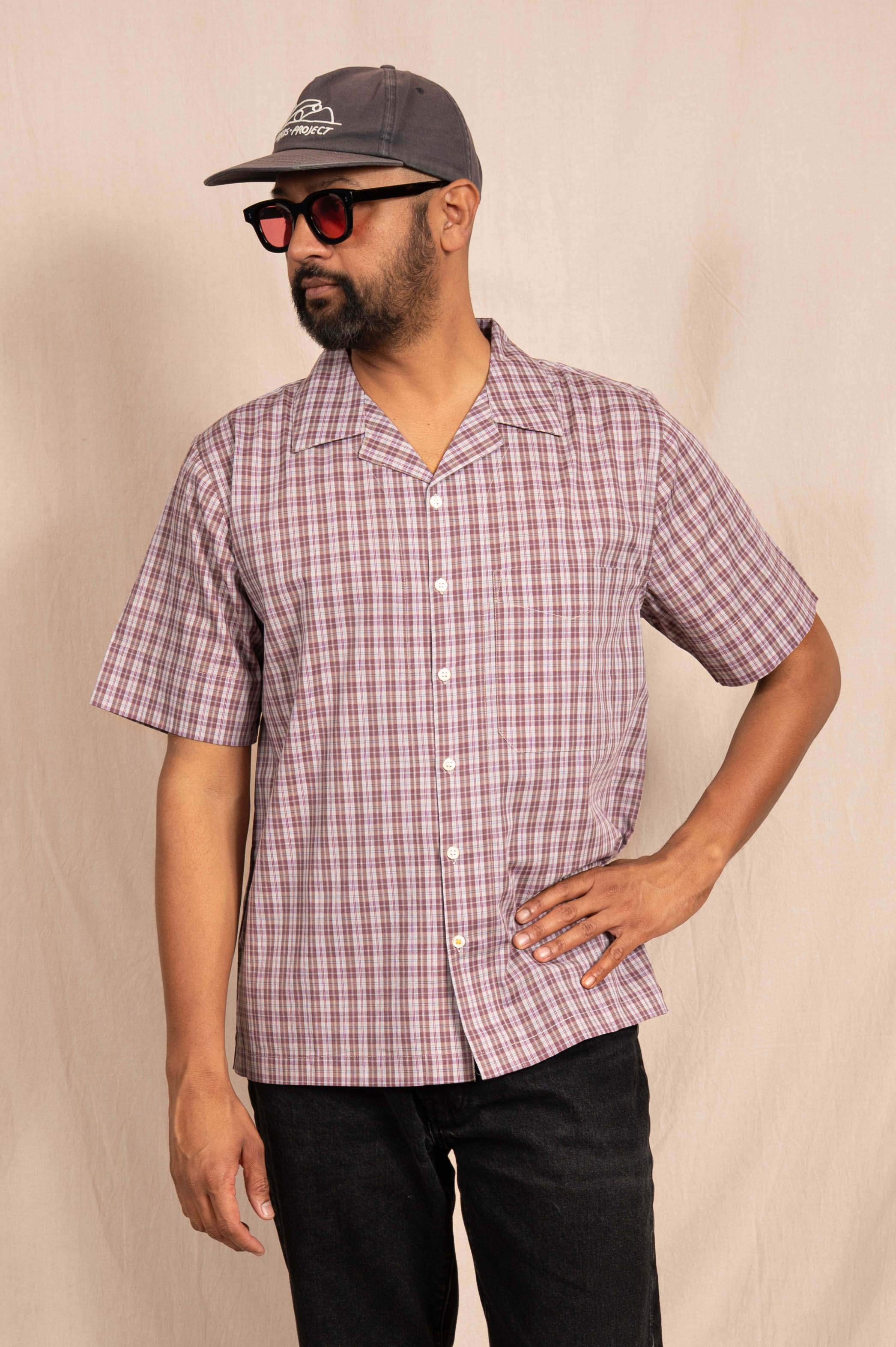 'The Nero' Camp Shirt in Purple Checks