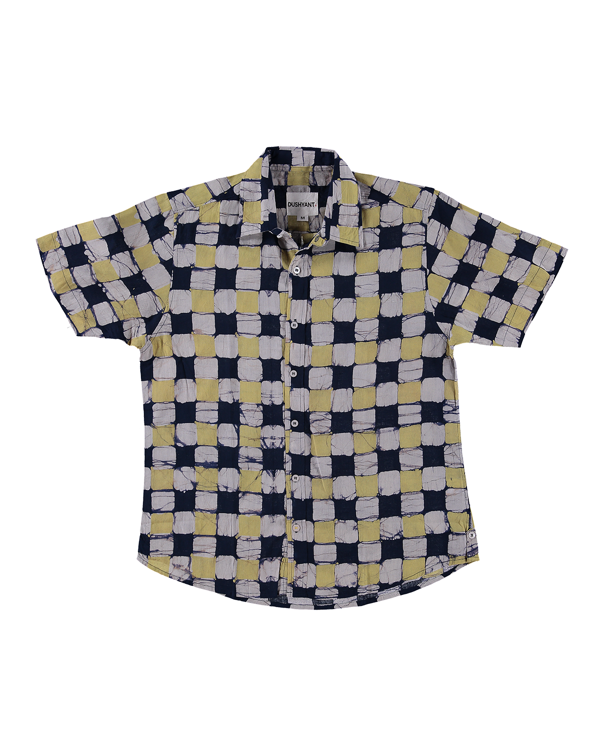 Hand Block Printed 'The Aby' Short Sleeve Shirt in Yellow and Black Chessboard Batik Print