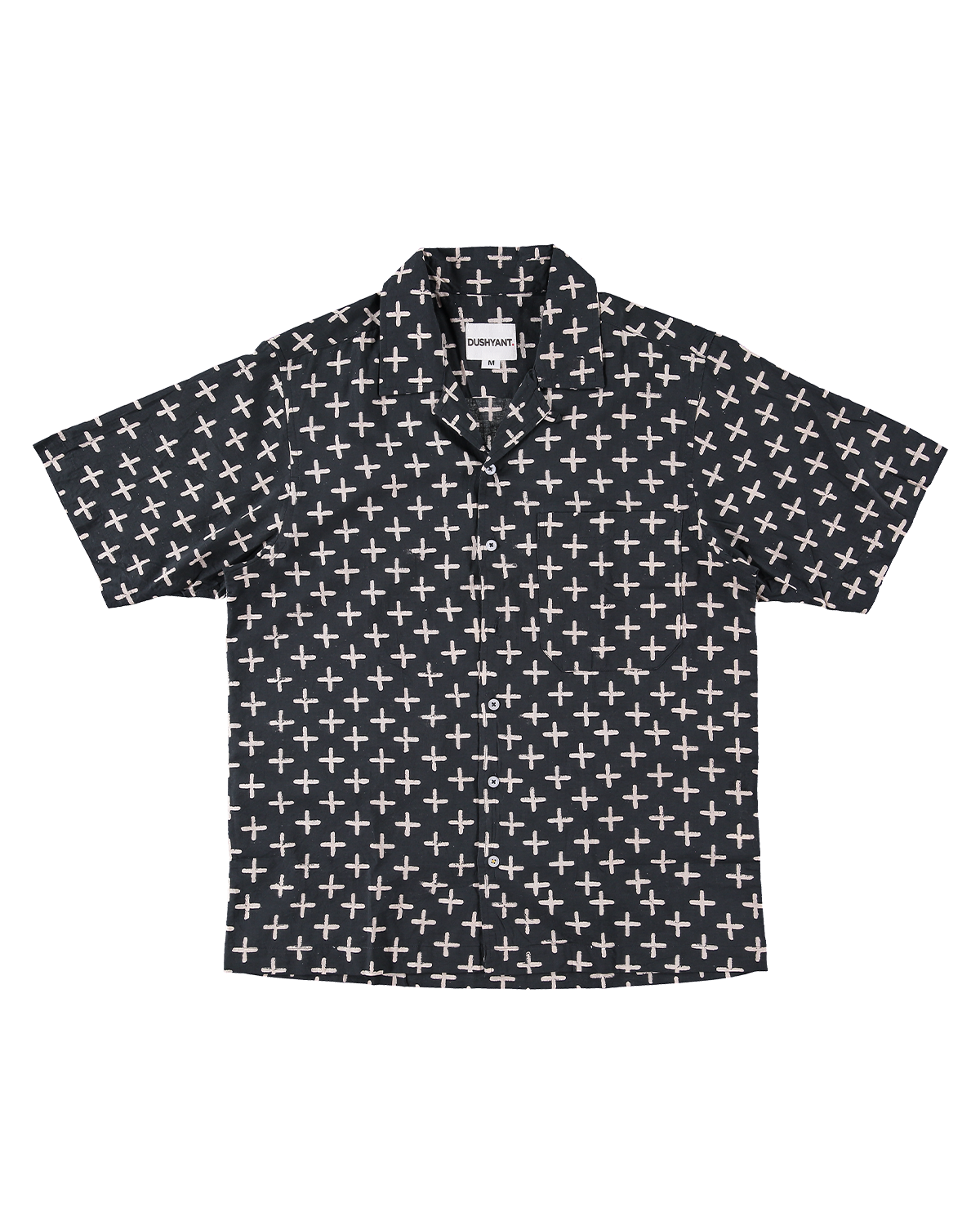 Hand Block Printed 'The Don' Camp Collar Shirt in Black Plus Sign Print