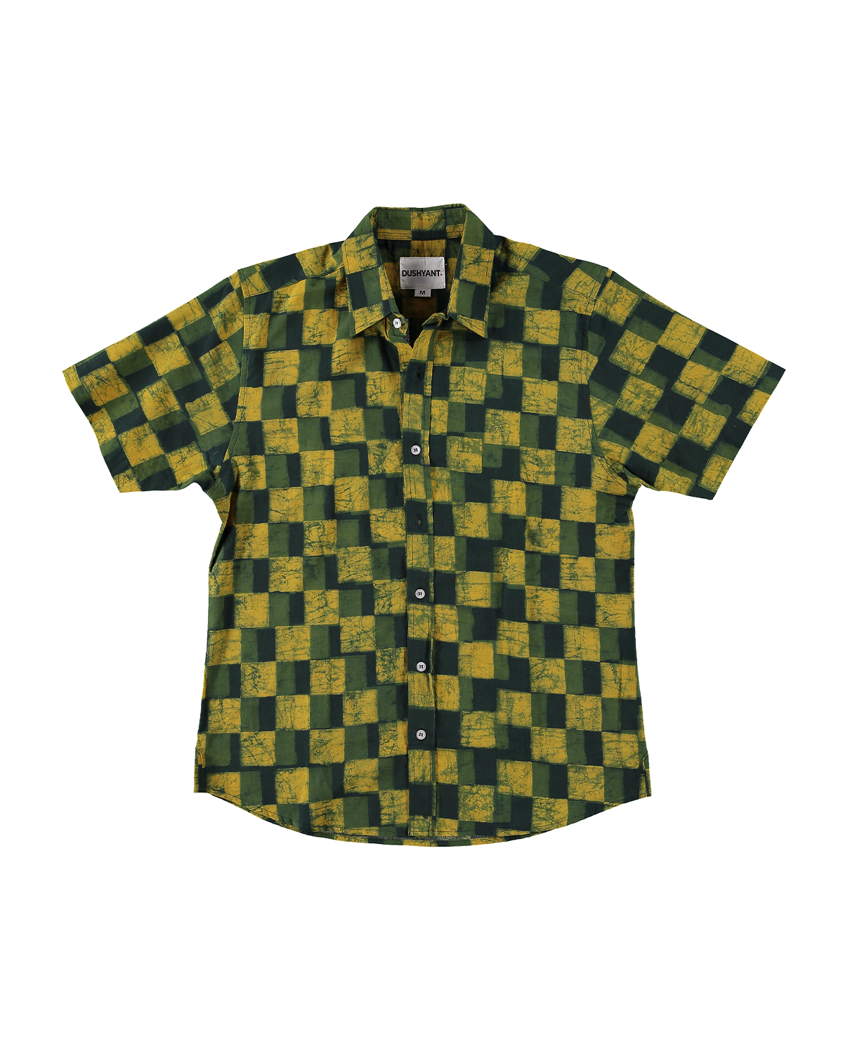 Hand Block Printed 'The Sufi' Short Sleeve Shirt in Green and Turmeric Checks