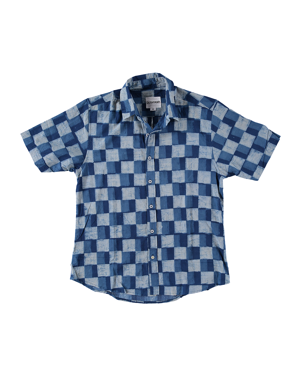 Hand Block Printed 'The Sufi' Short Sleeve Shirt in Indigo and Blue Checks