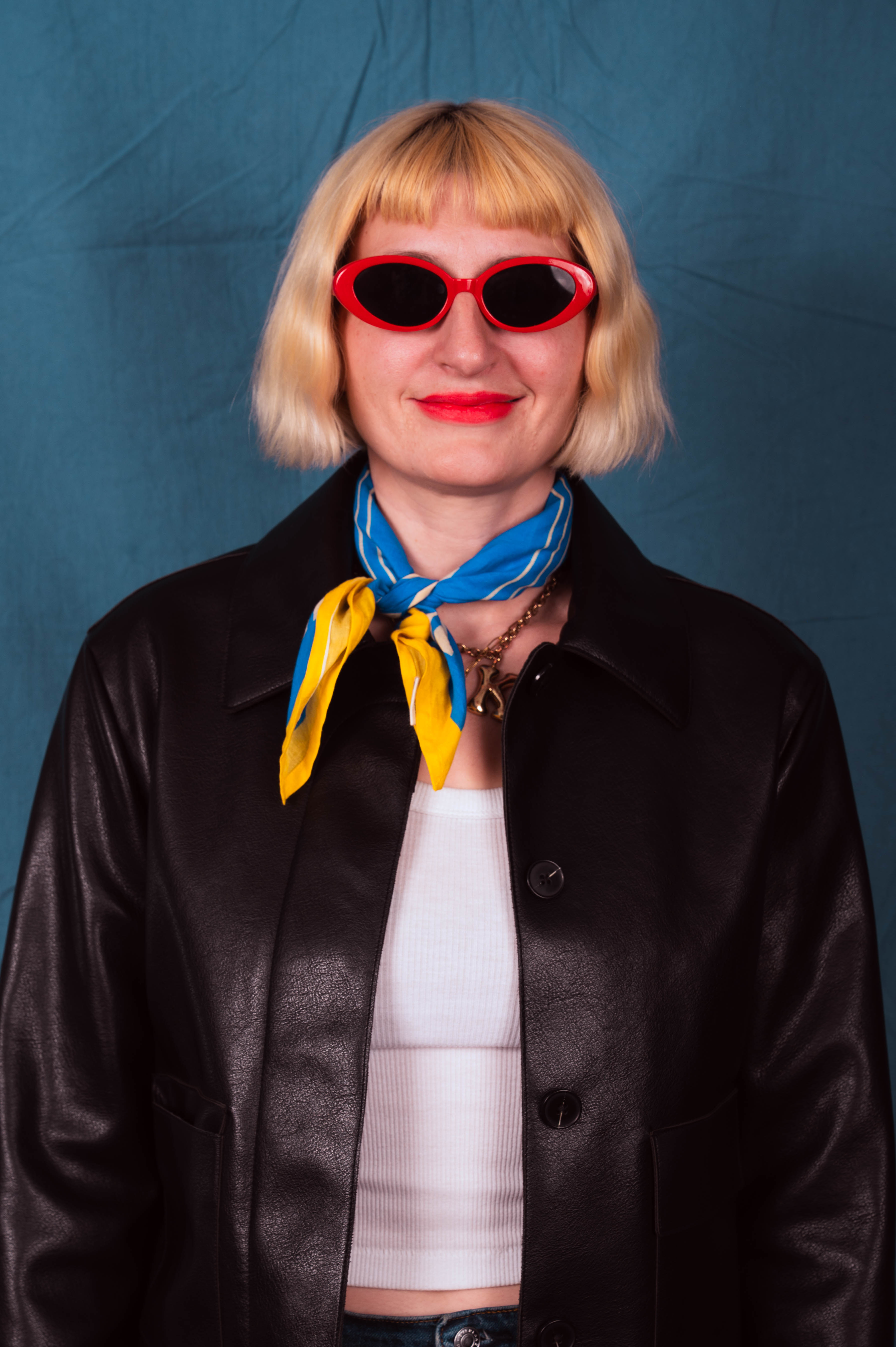 Archie Bandana No. 20 - Dots and Squares on Blue and Yellow