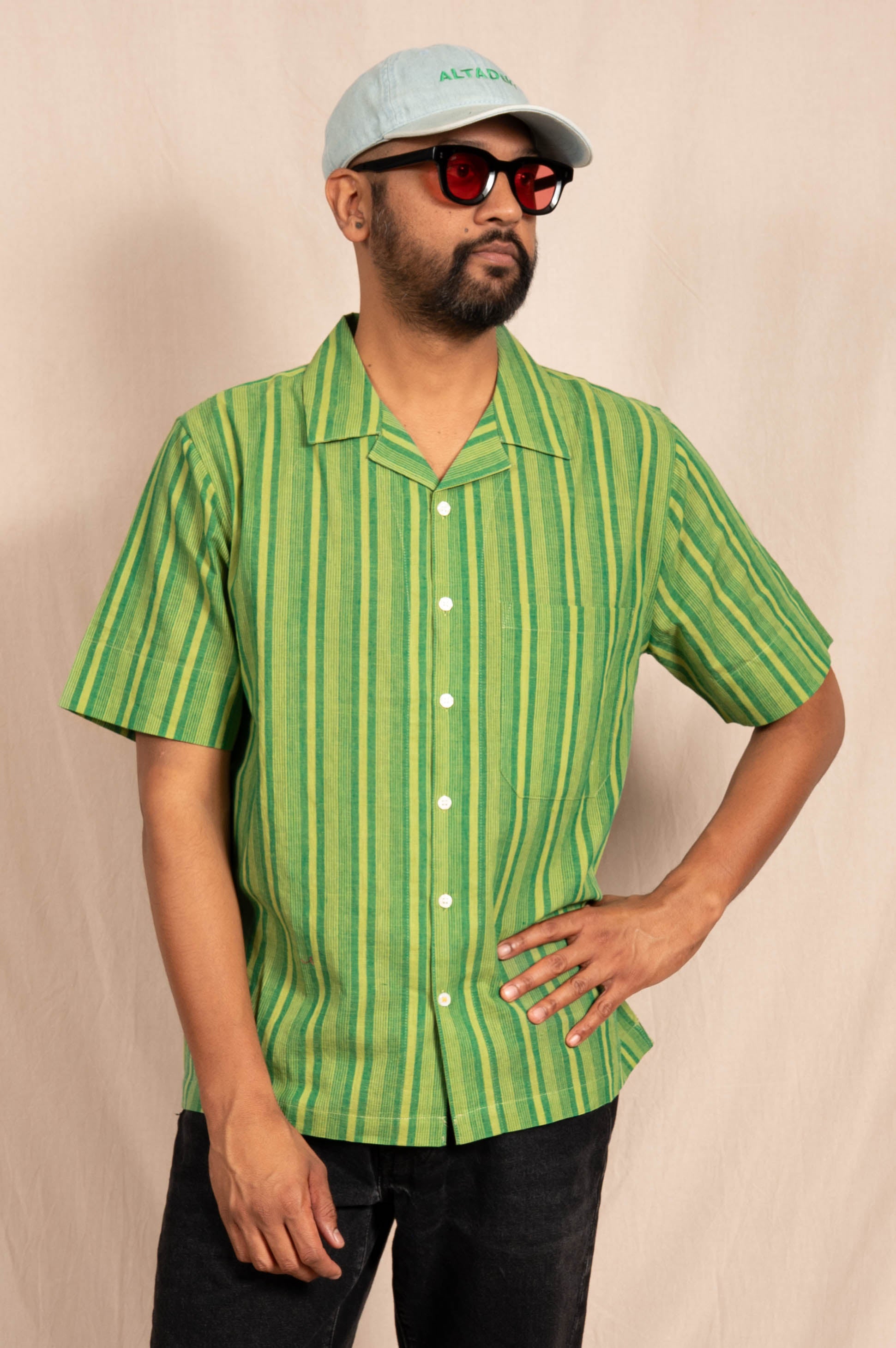'The Nero' Camp Shirt in Green and White Stripes