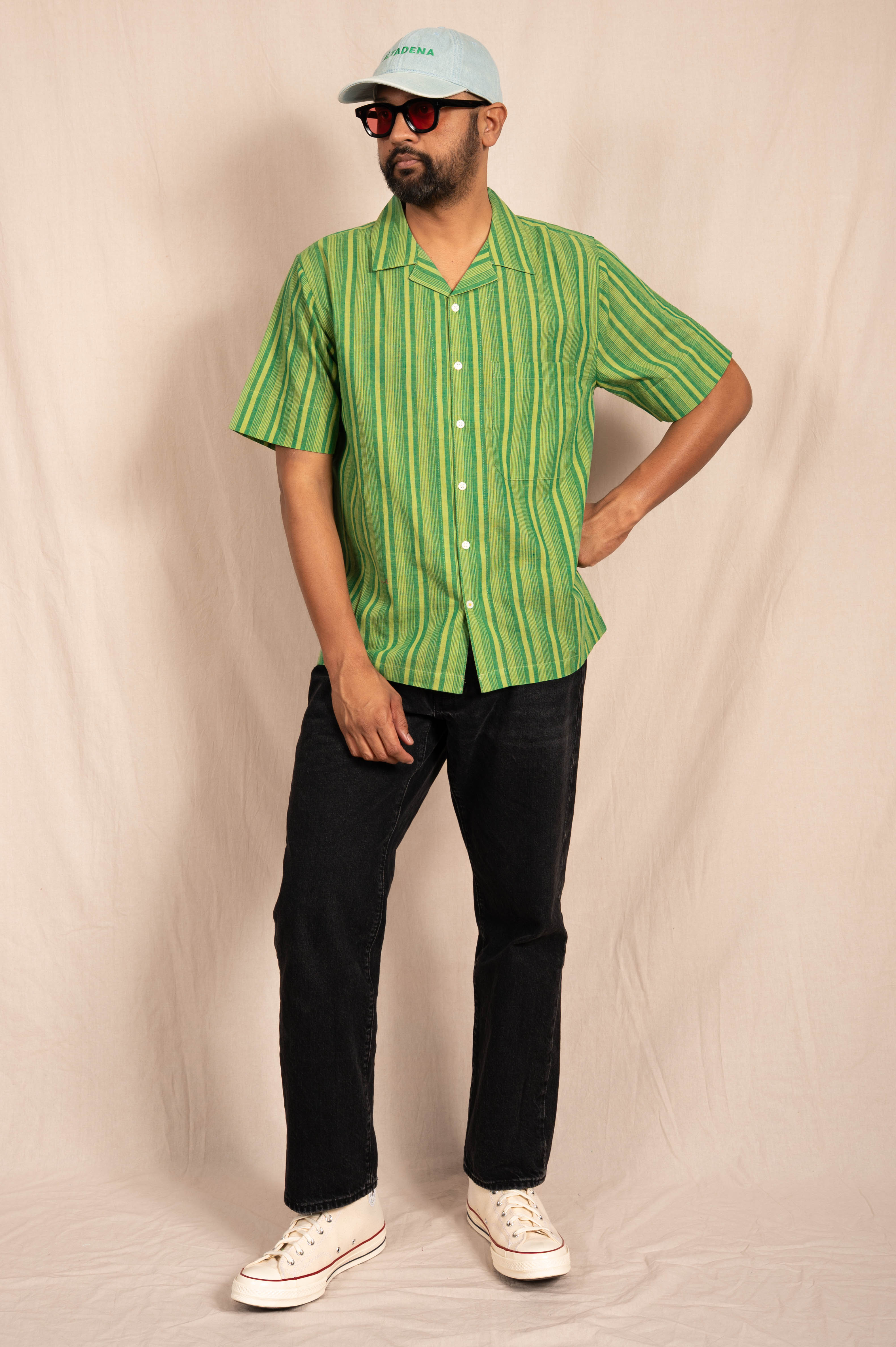 'The Nero' Camp Shirt in Green and White Stripes