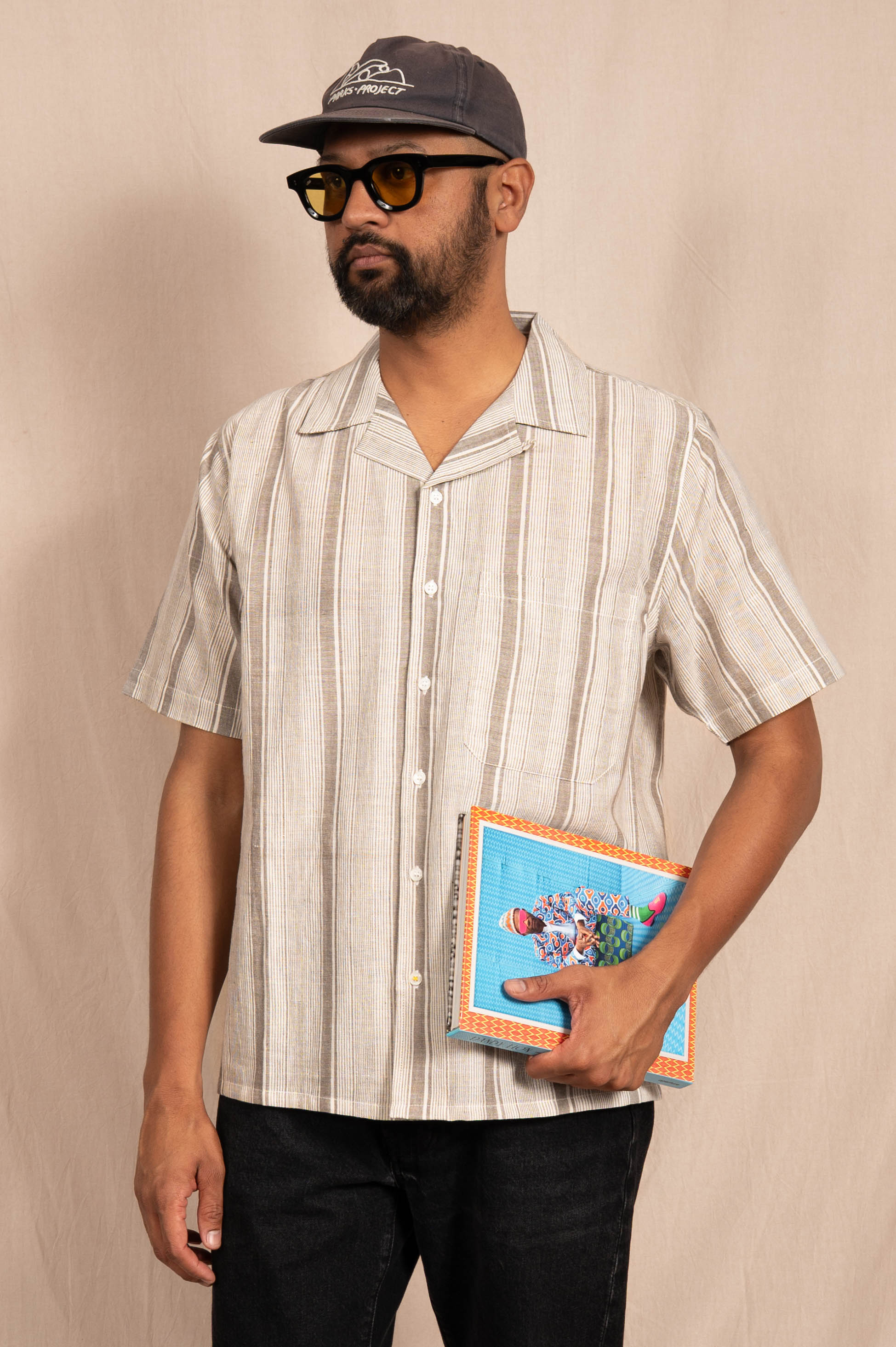 'The Don' Camp Shirt in White and Gray Stripes