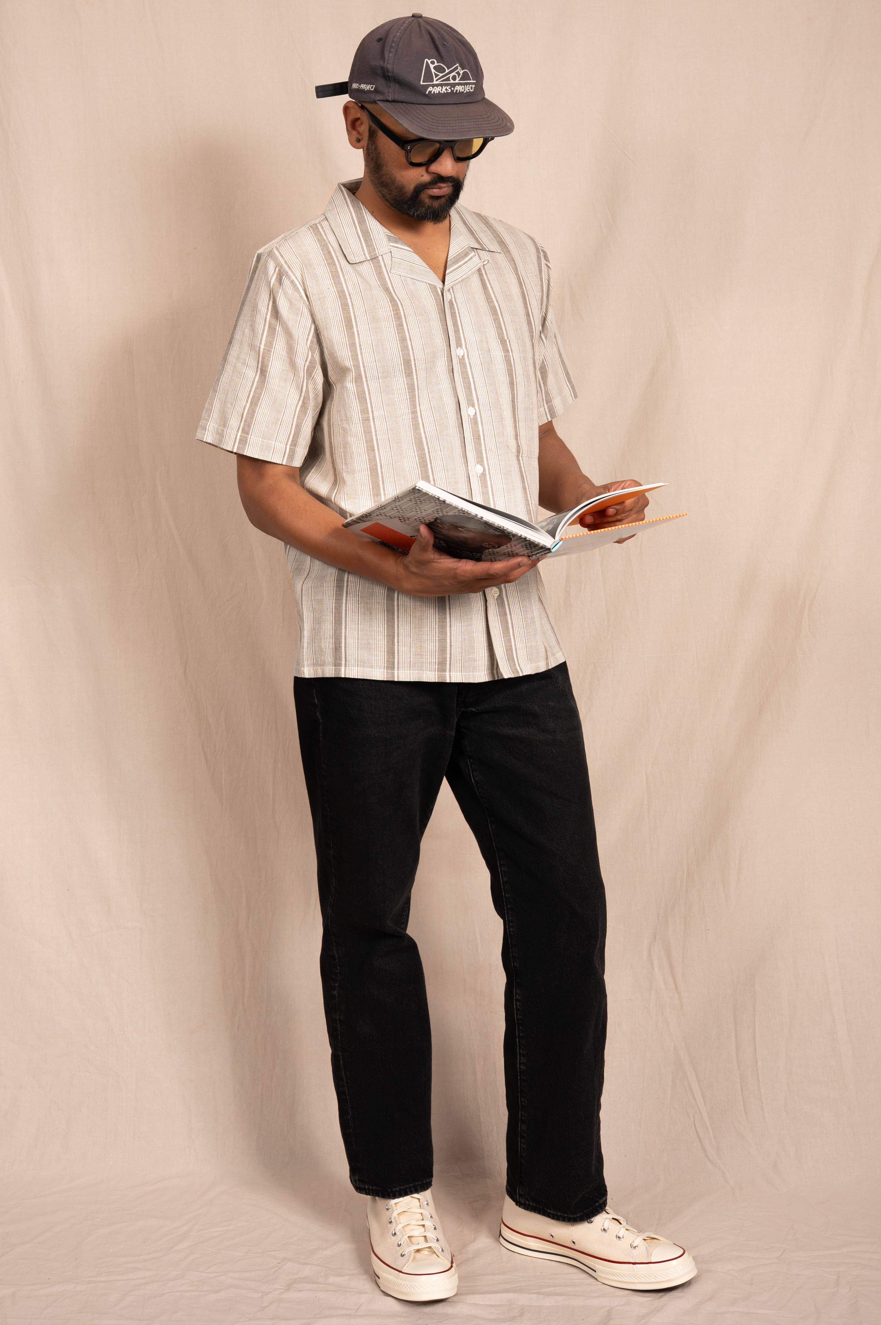 'The Don' Camp Shirt in White and Gray Stripes