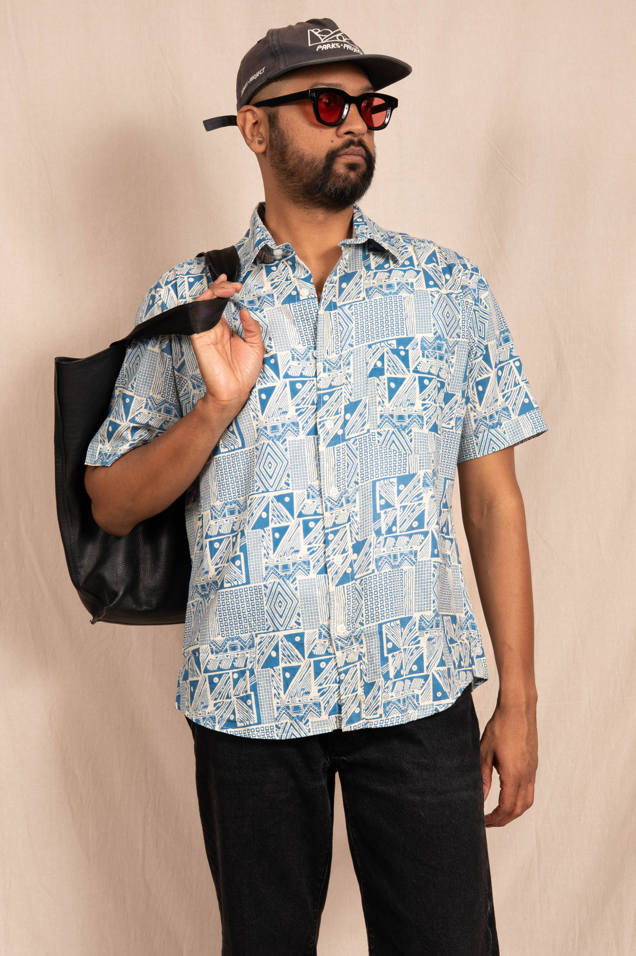 'The Folk' Shirt in Blue Abstract Art Print