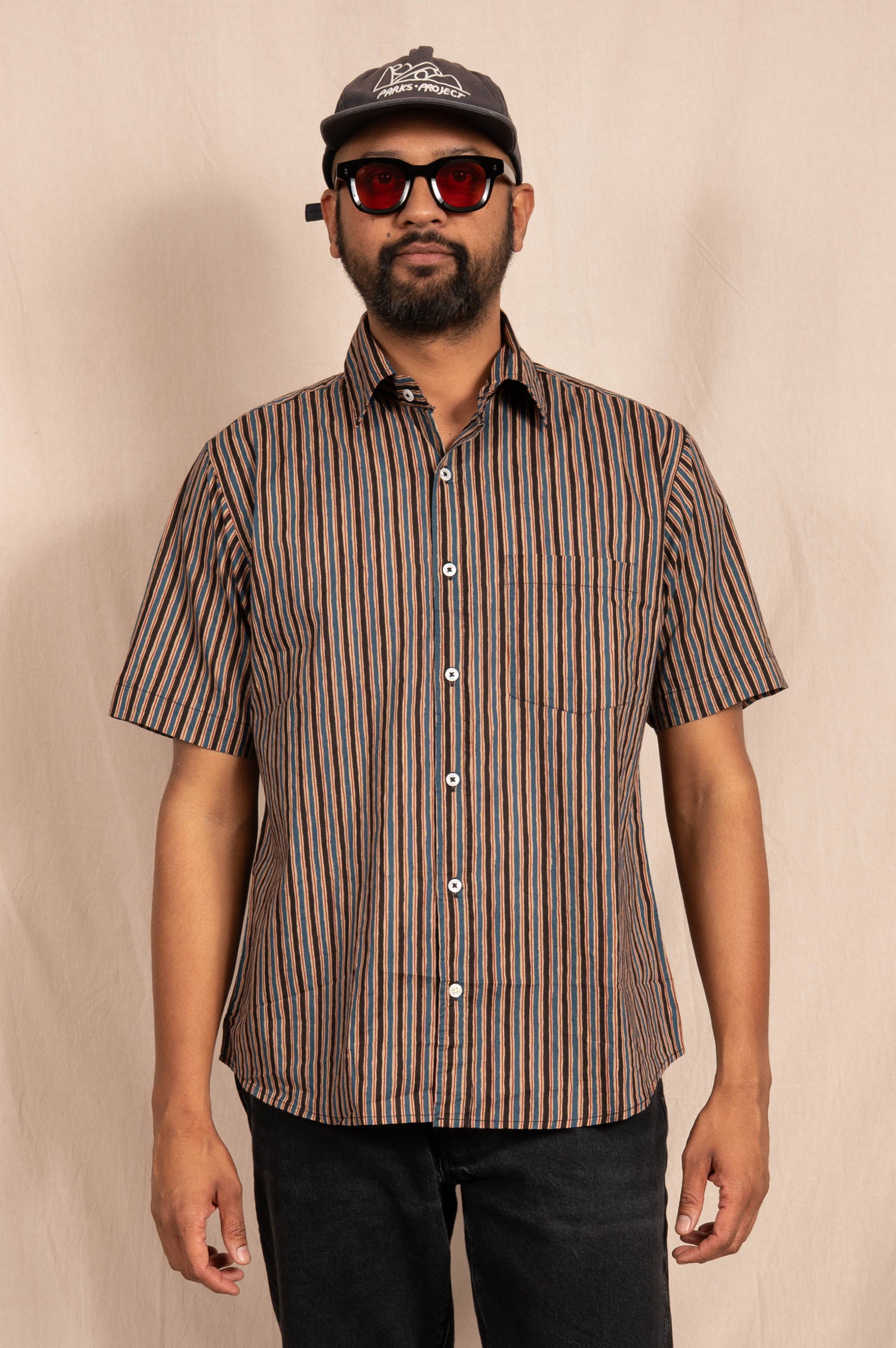 'The Folk' Shirt in Blue, Brown and Gray Stripes
