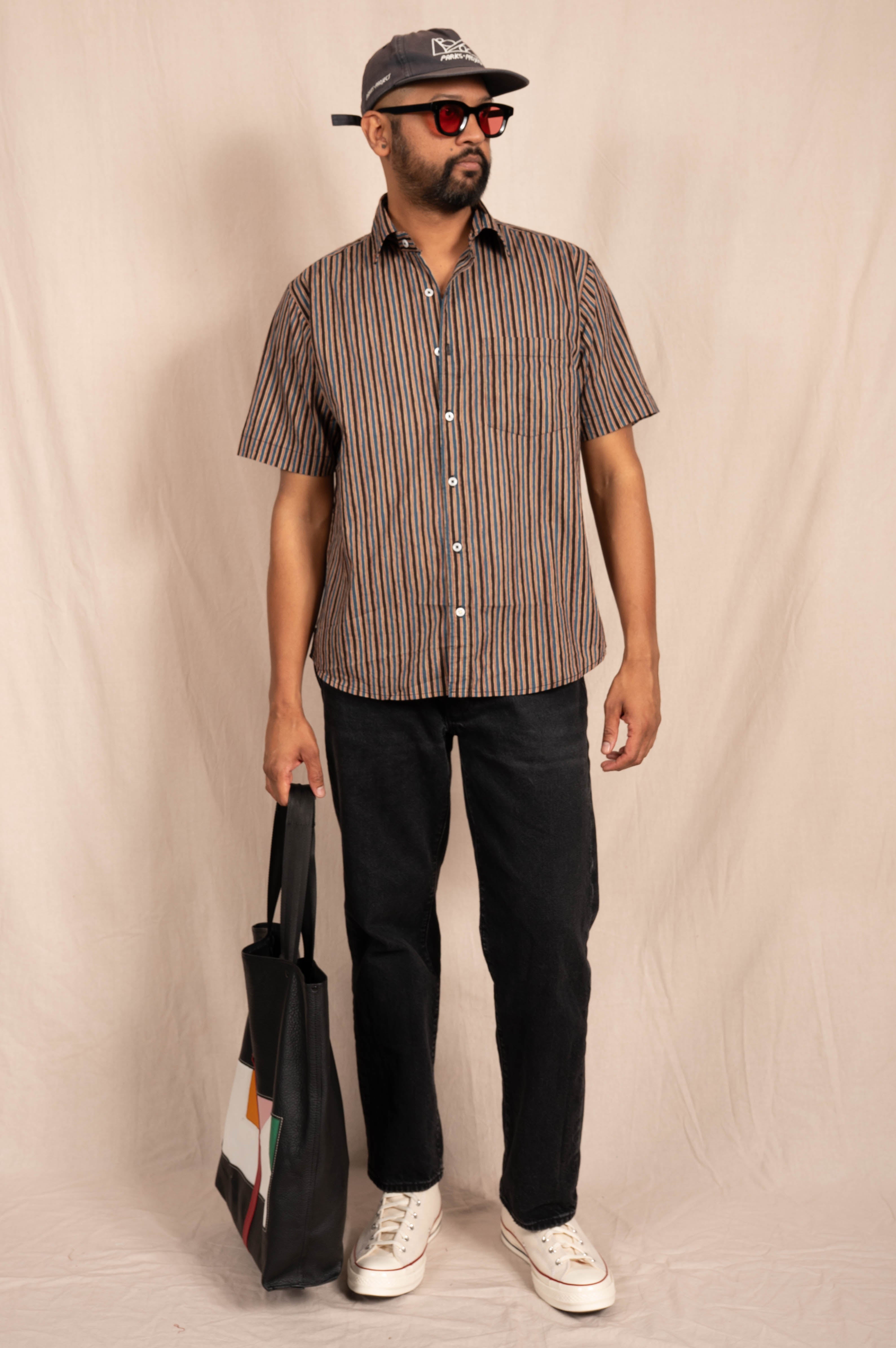 'The Folk' Shirt in Blue, Brown and Gray Stripes