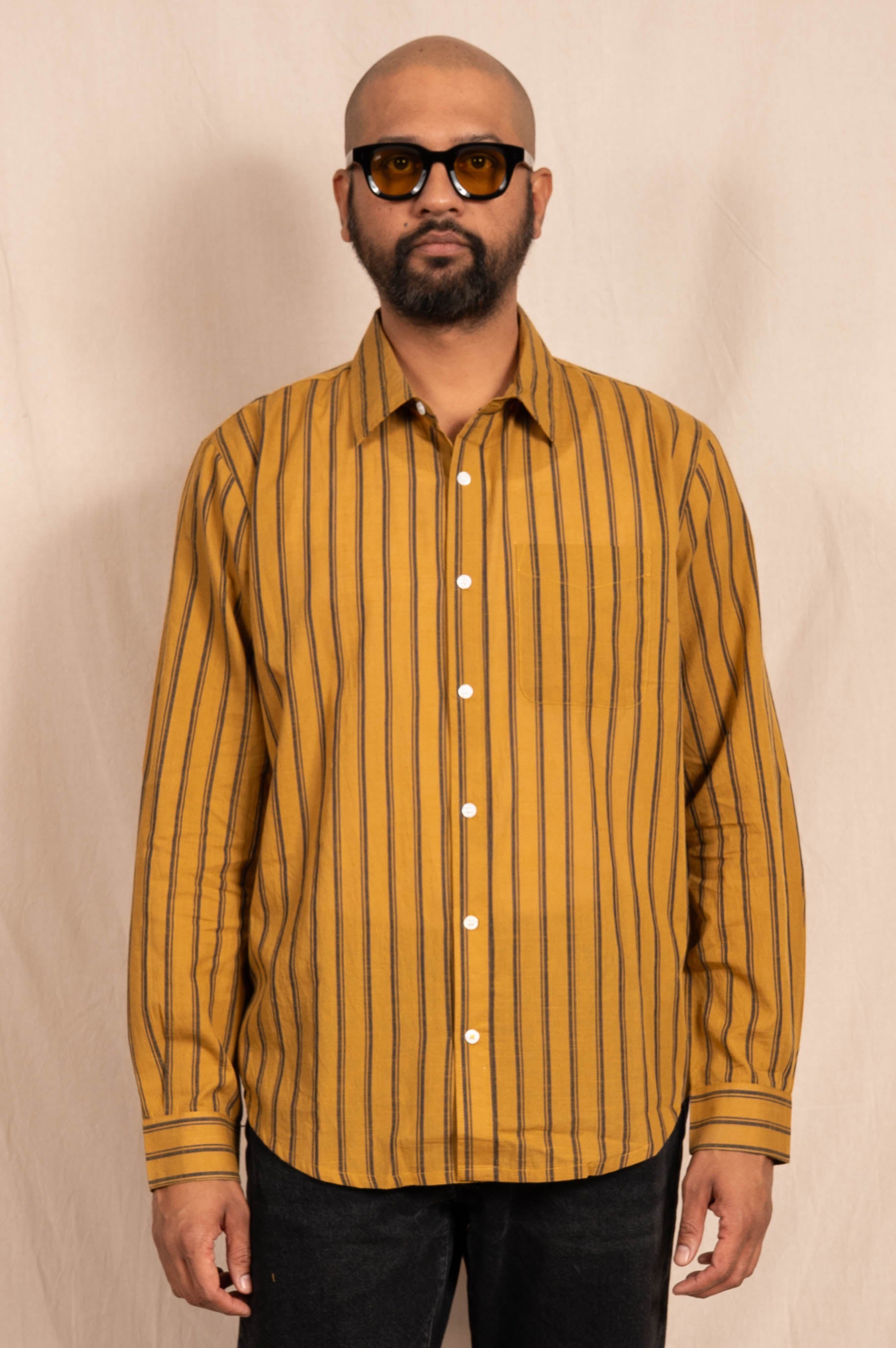 'The Brady' Long Sleeve Shirt in Mustard and Black Stripes