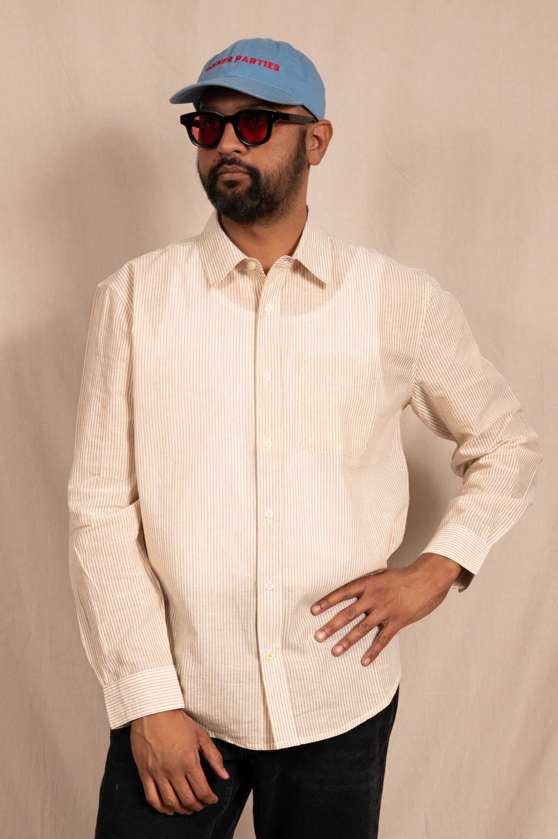 'The Brady' Long Sleeve Shirt in White and Beige Stripes