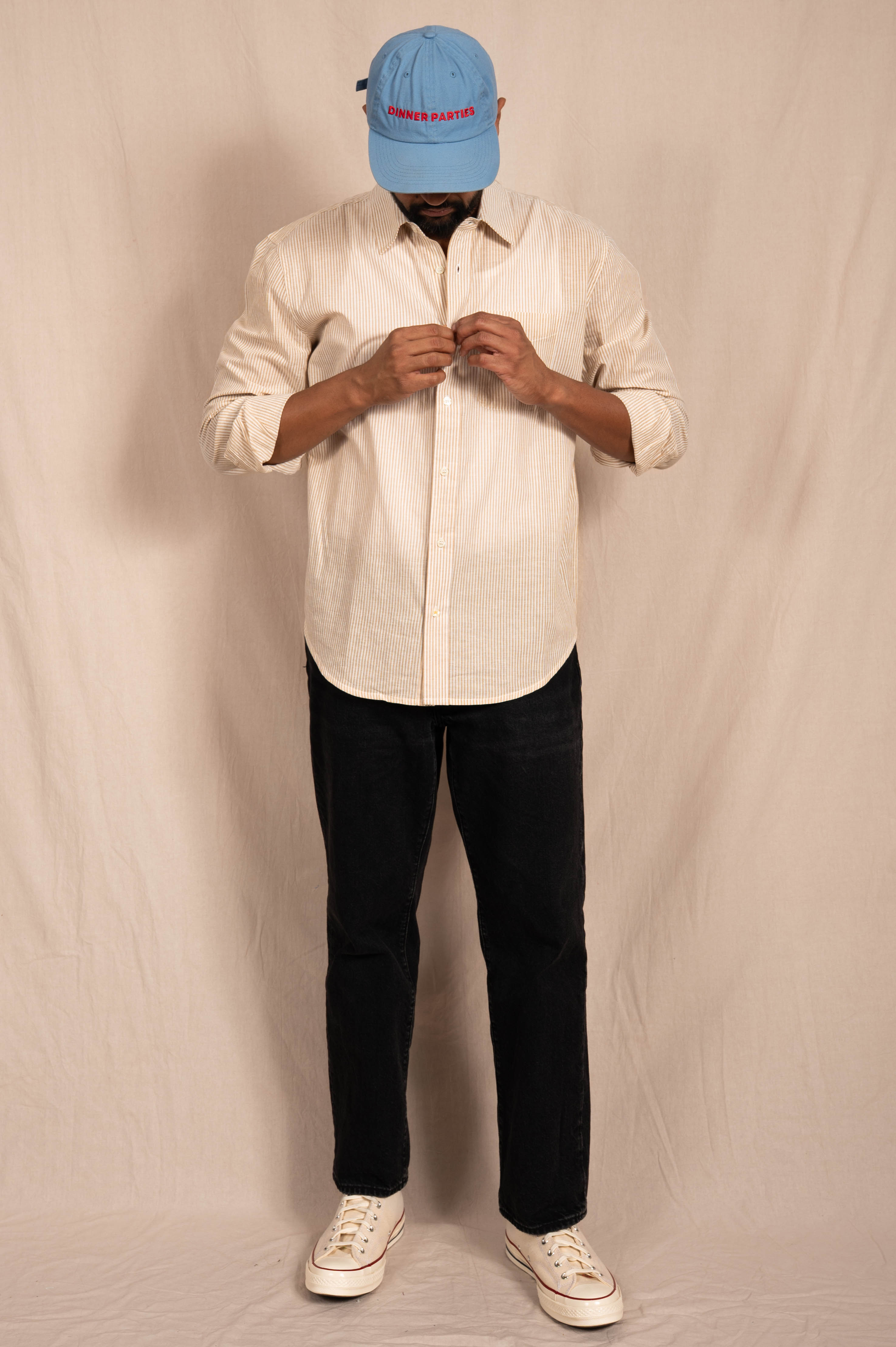 'The Brady' Long Sleeve Shirt in White and Beige Stripes