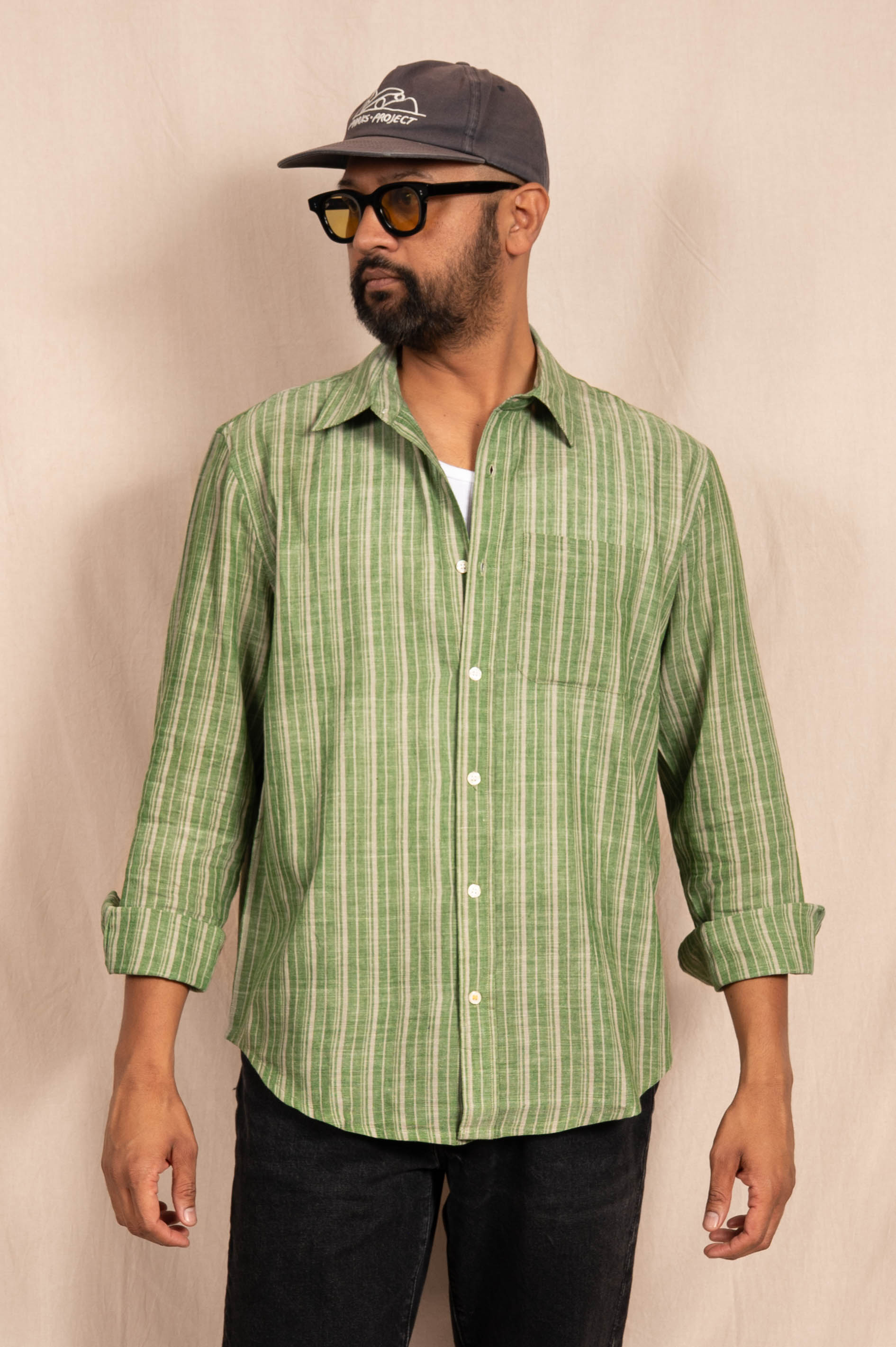 'The Brady' Long Sleeve Shirt in Green and White Stripes